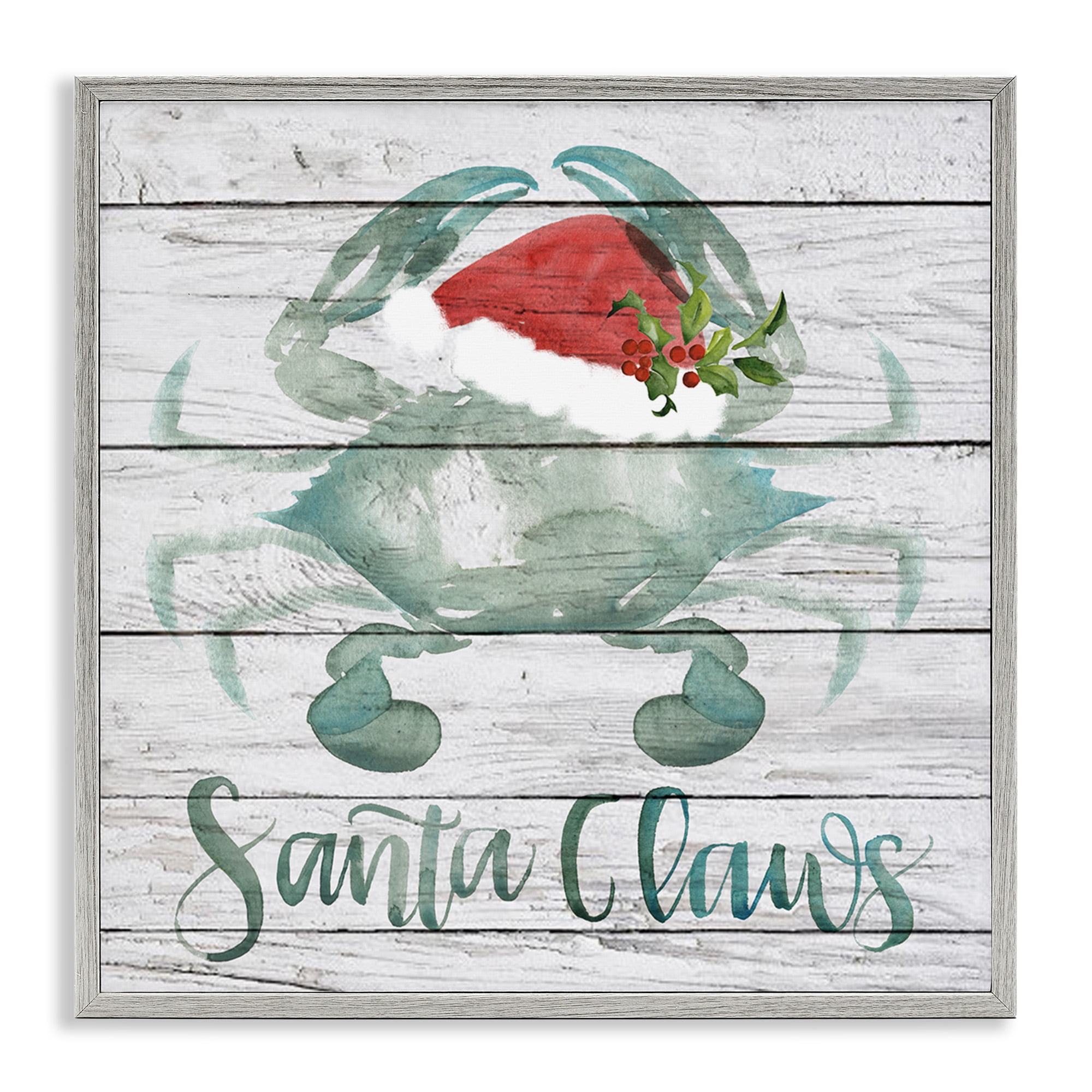 Stupell Industries Blue Crab Nautical Christmas Pun Nature Painting Gray Framed Art Print Wall Art, 12 x 12