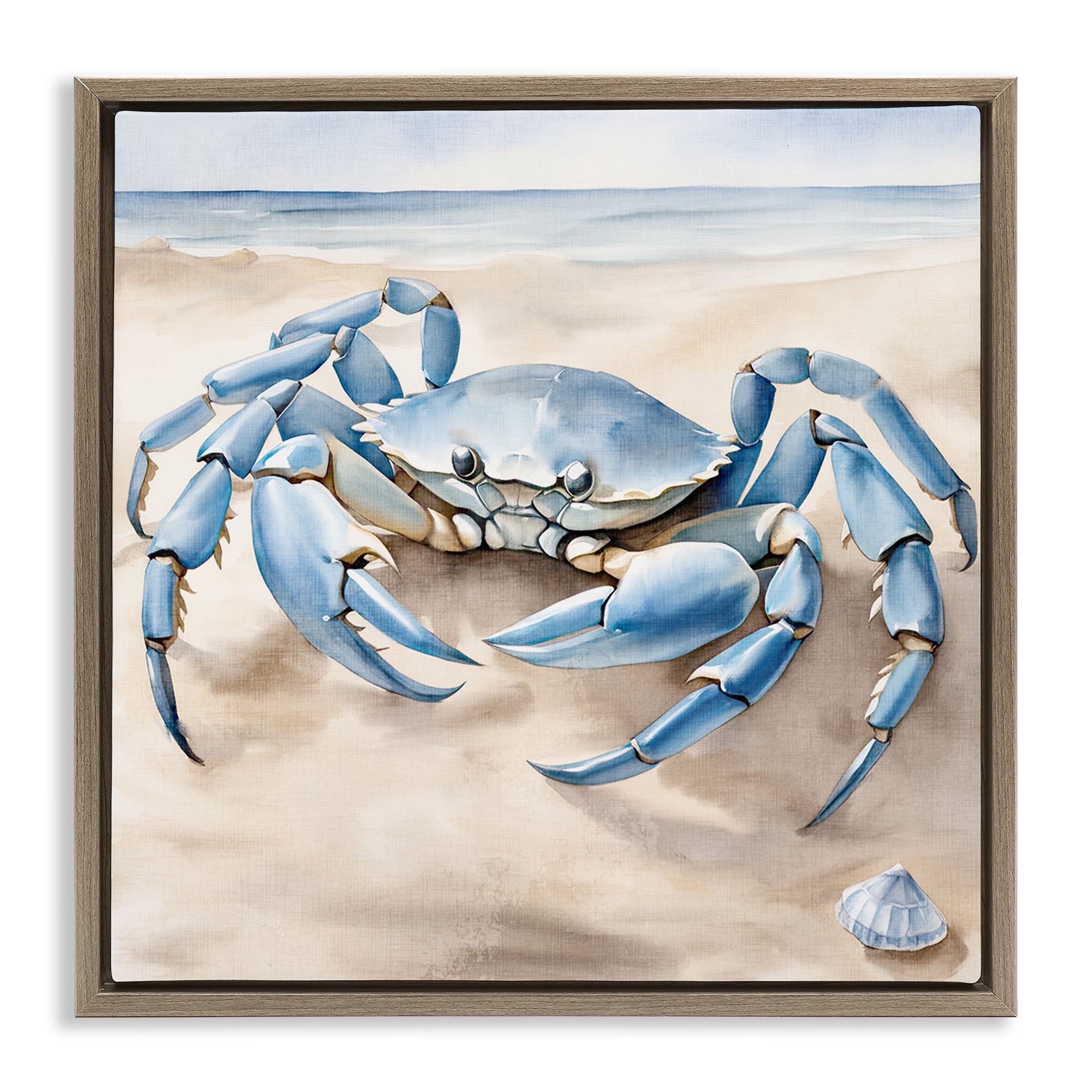 Stupell Industries Blue Crab on Beach Animals & Insects Painting Brown Floater Framed Canvas Art Print Wall Art, 18 x 18