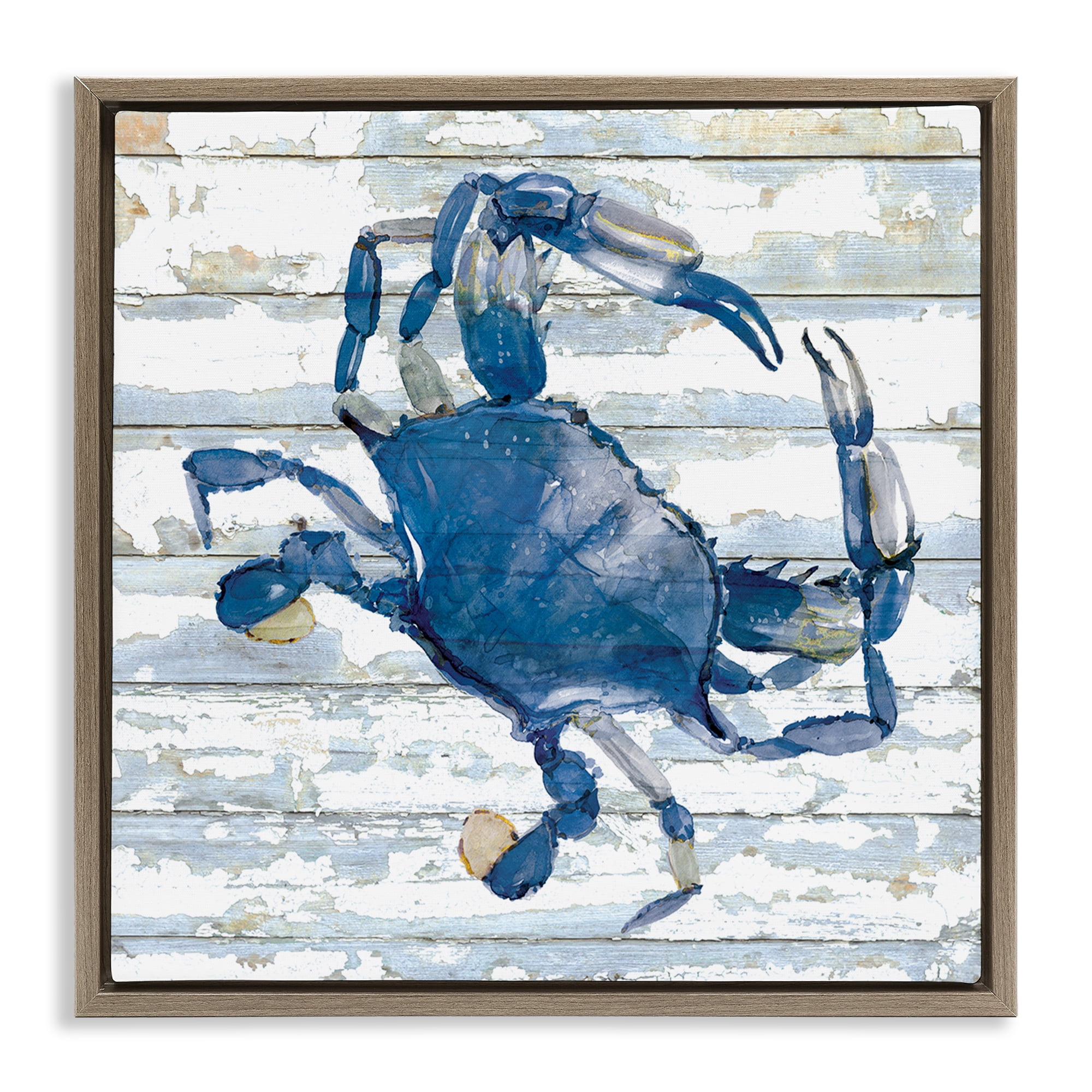 Stupell Industries Blue Crab on Distressed Animals Painting Brown Floater Framed Canvas Art Print Wall Art, 25 x 25