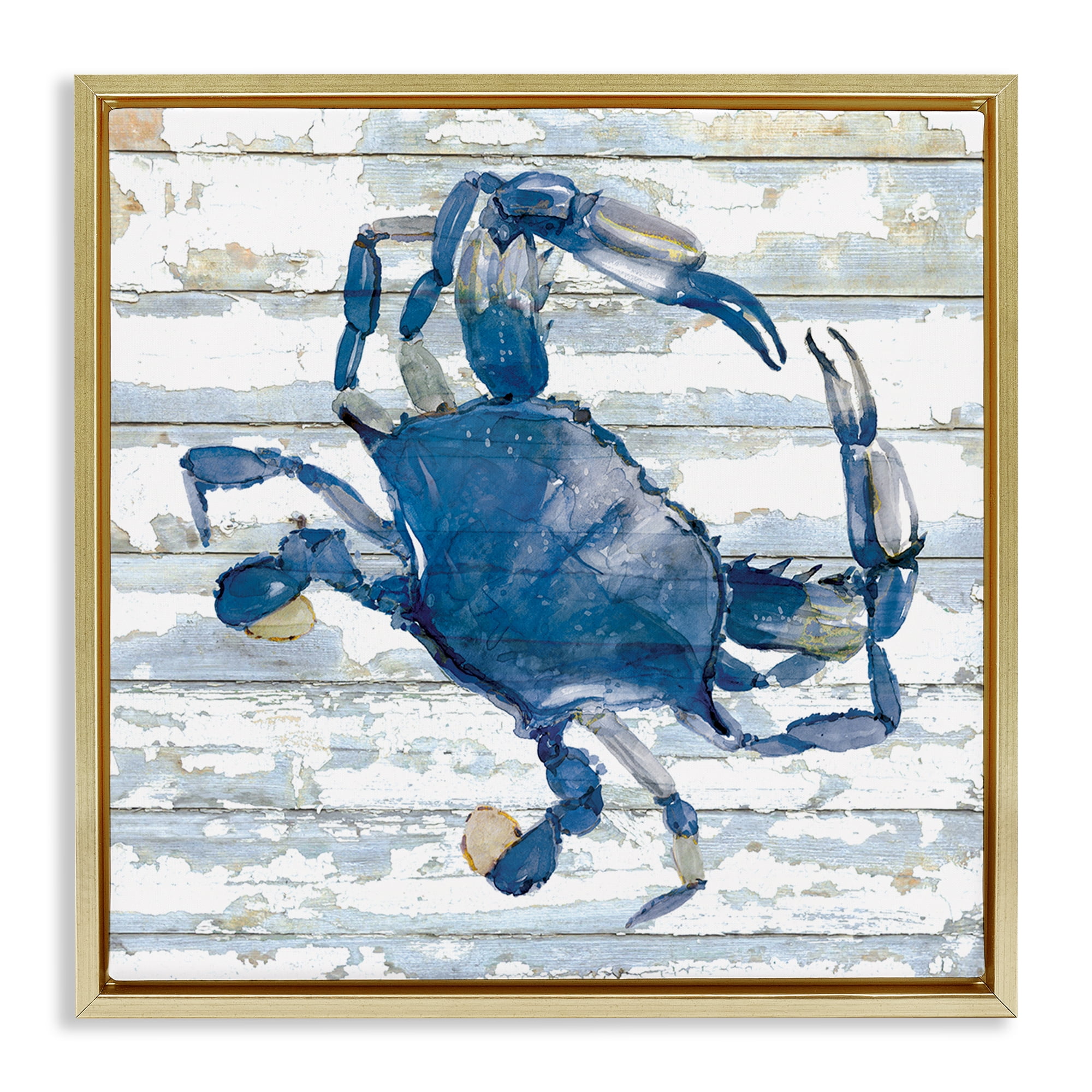 Stupell Industries Blue Crab on Distressed Animals Painting Gold Floater Framed Canvas Art Print Wall Art, 25 x 25