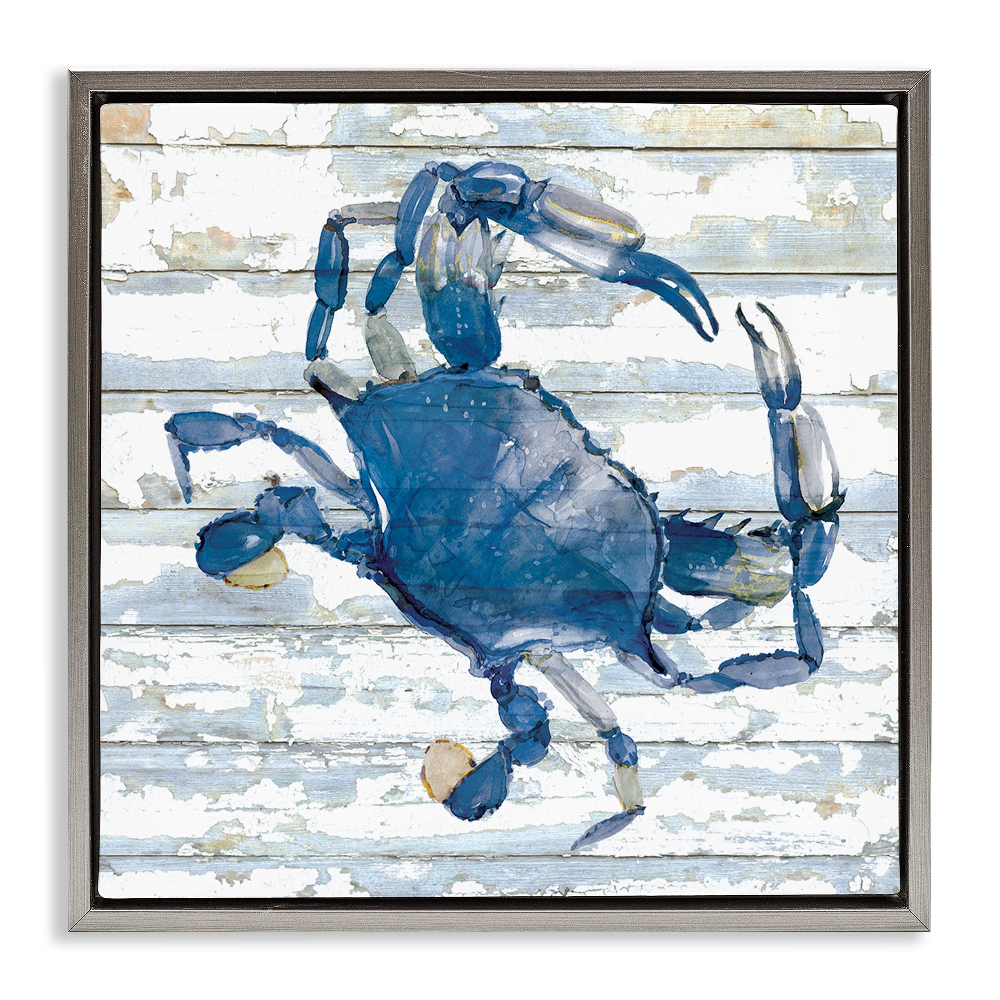 Stupell Industries Blue Crab on Distressed Animals Painting Gray Floater Framed Canvas Art Print Wall Art, 18 x 18