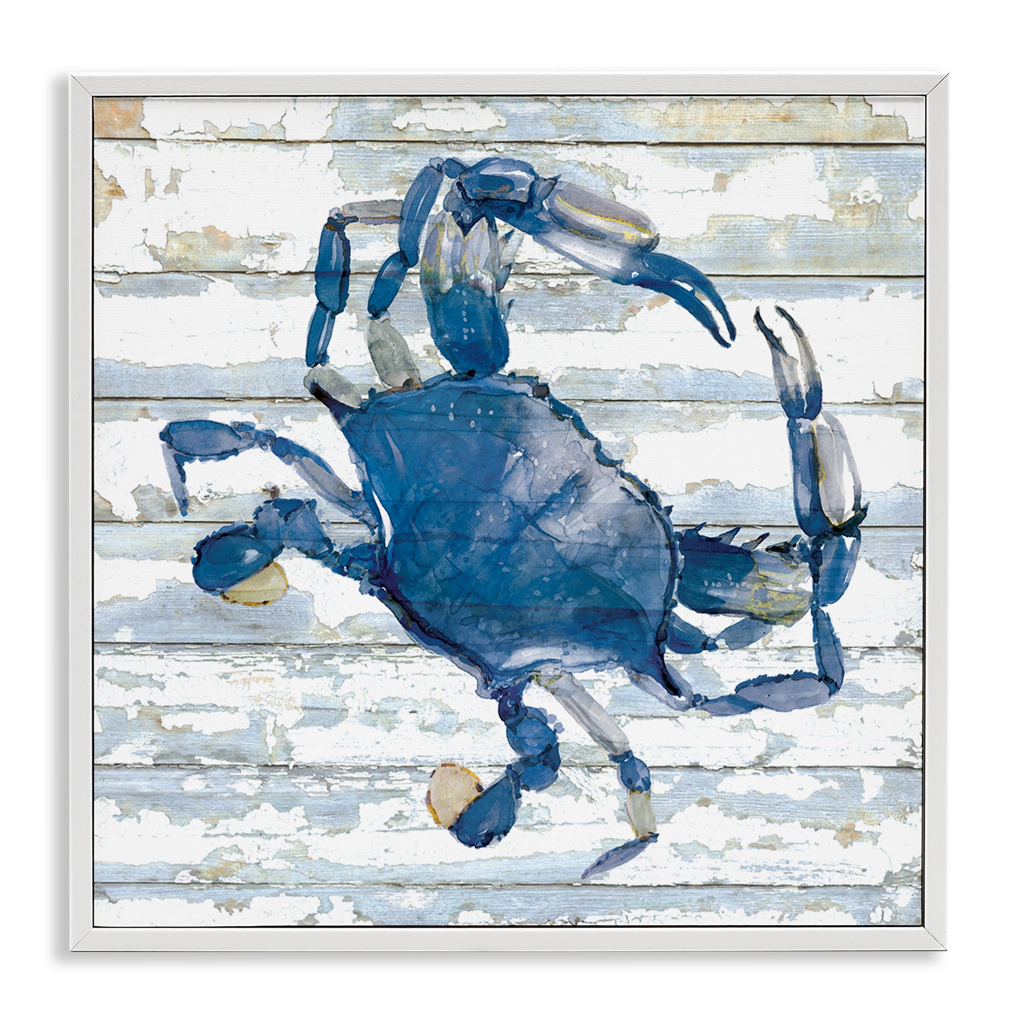 Stupell Industries Blue Crab on Distressed Animals Painting White Framed Art Print Wall Art, 24 x 24