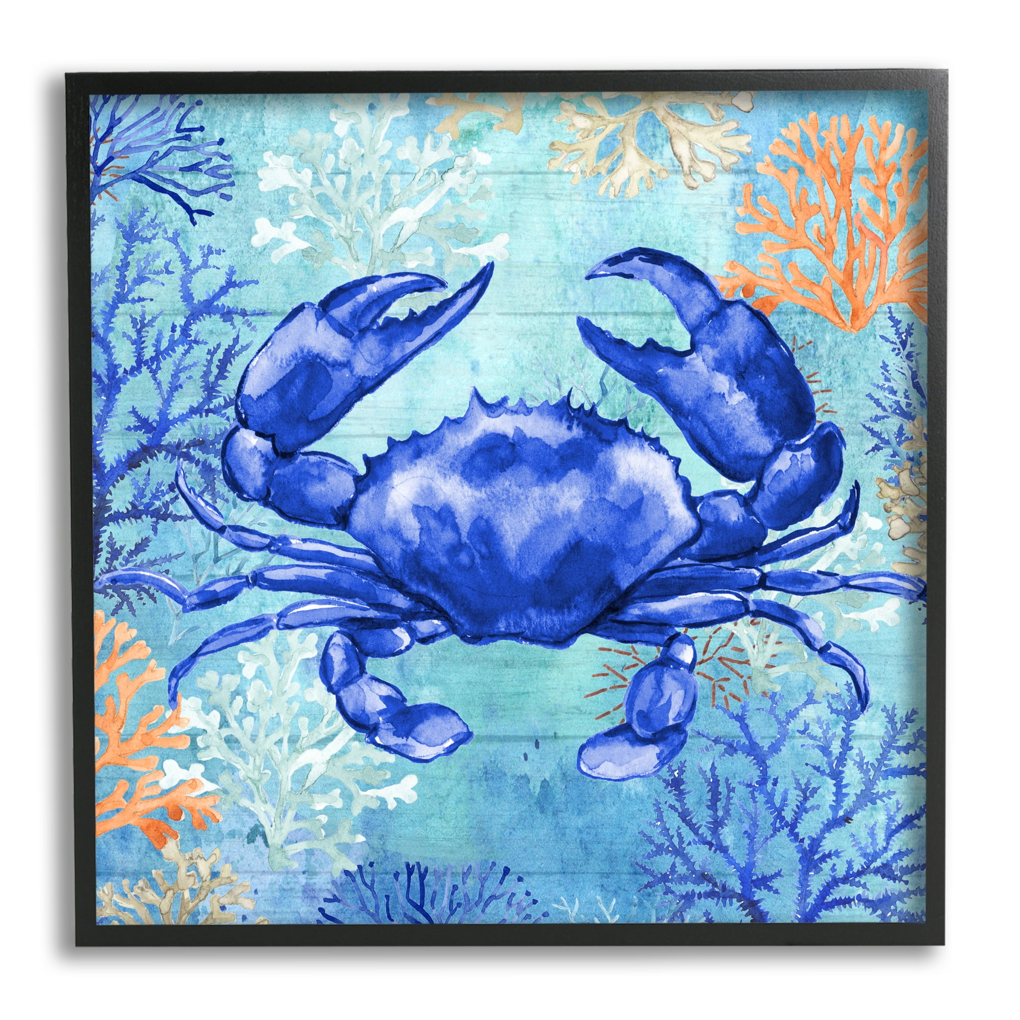 Stupell Industries Blue Crab with Coral Animals & Insects Painting Black Framed Art Print Wall Art, 24 x 24