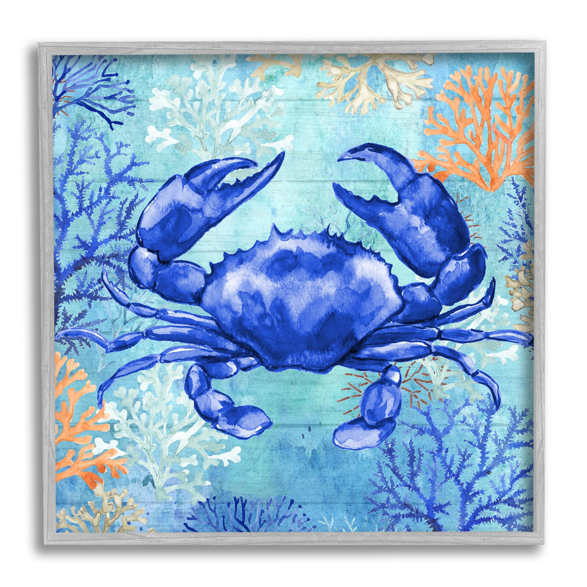 Stupell Industries Blue Crab with Coral Animals & Insects Painting Gray Framed Art Print Wall Art, 12 x 12