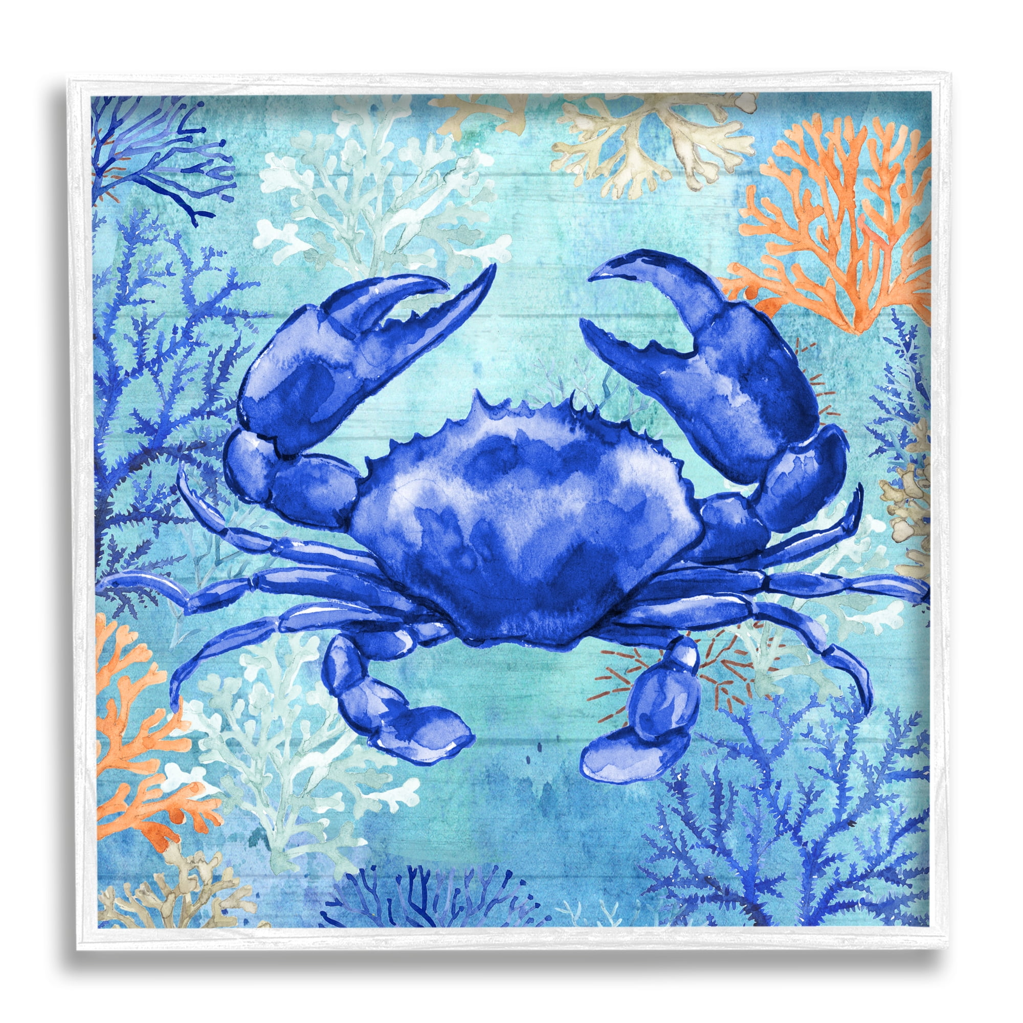 Stupell Industries Blue Crab with Coral Animals & Insects Painting White Framed Art Print Wall Art, 17 x 17