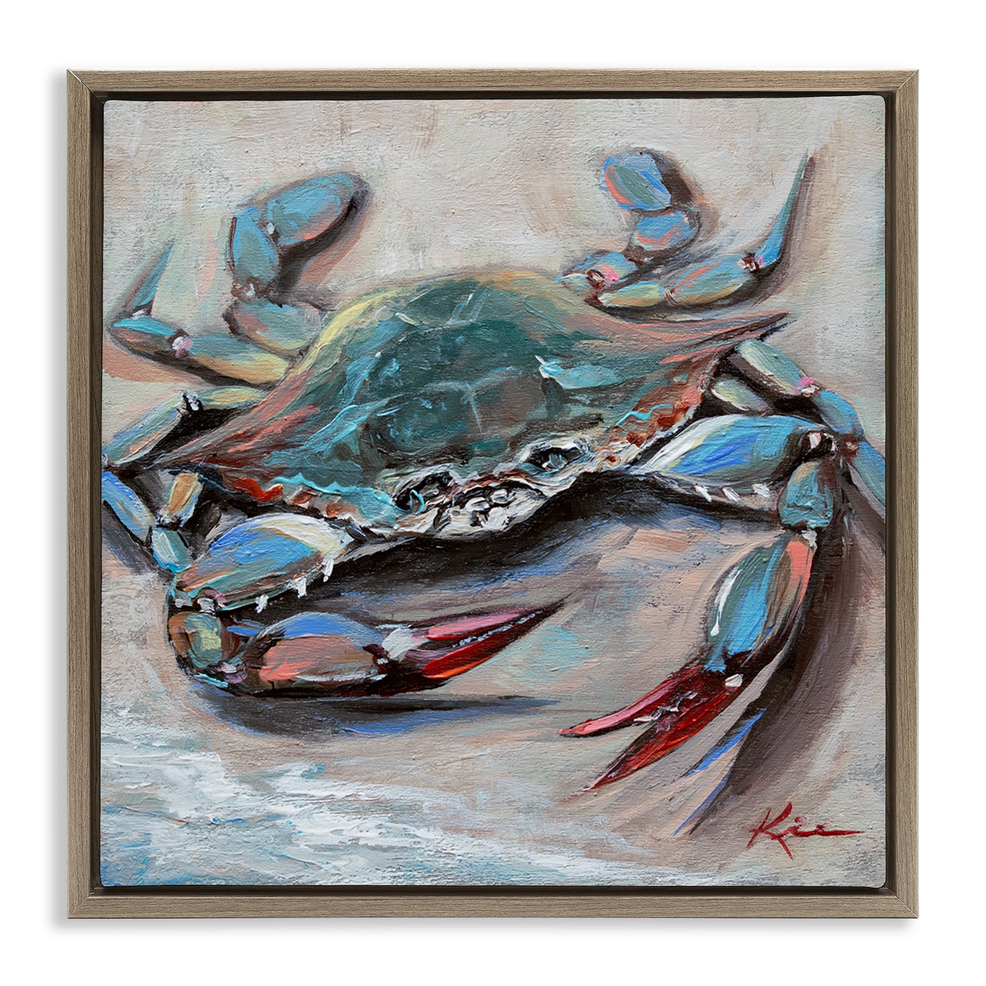 Stupell Industries Blue Crab with Red Claws Nautical & Beach Painting Brown Floater Framed Canvas Art Print Wall Art, 18 x 18