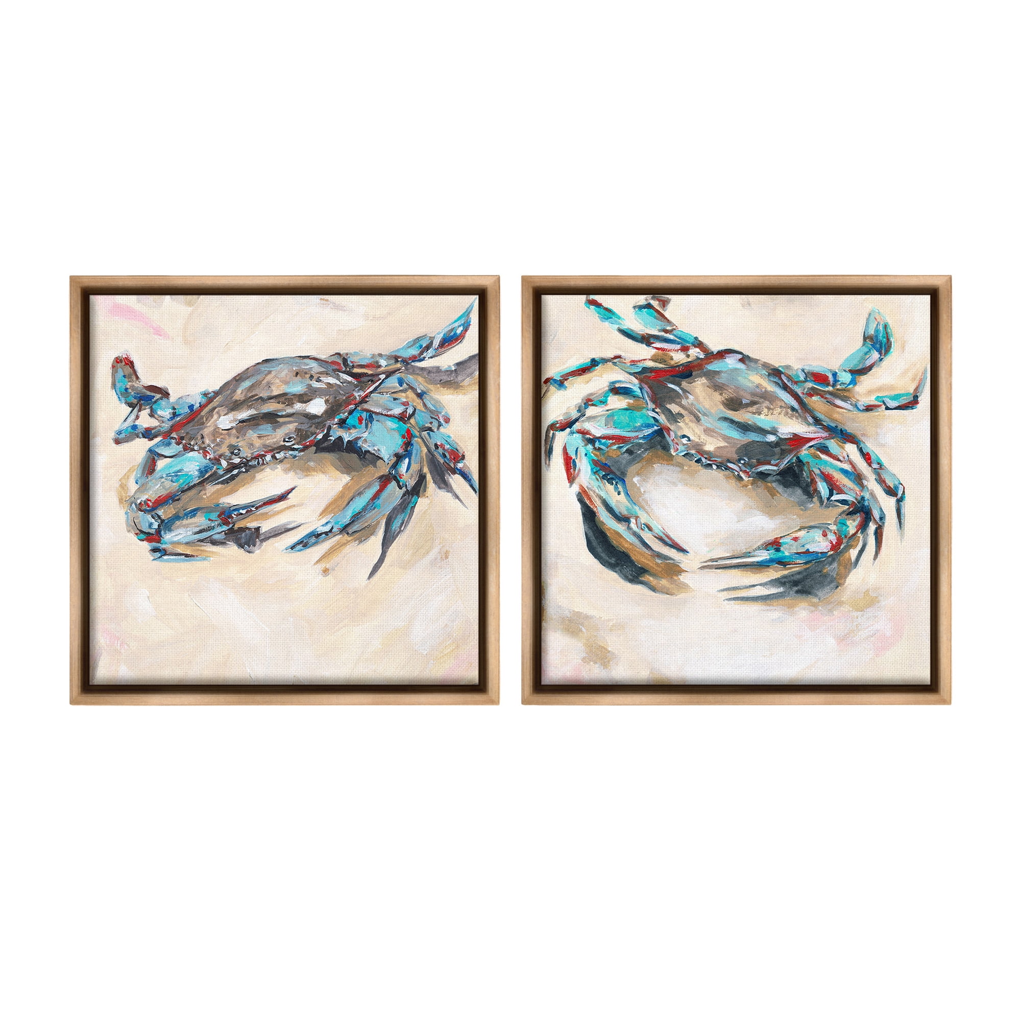 Stupell Industries Blue Crabs on Sand Animals & Insects Painting Brown Floater Framed Canvas Art Print Wall Art, 18 x 18, Set of 2