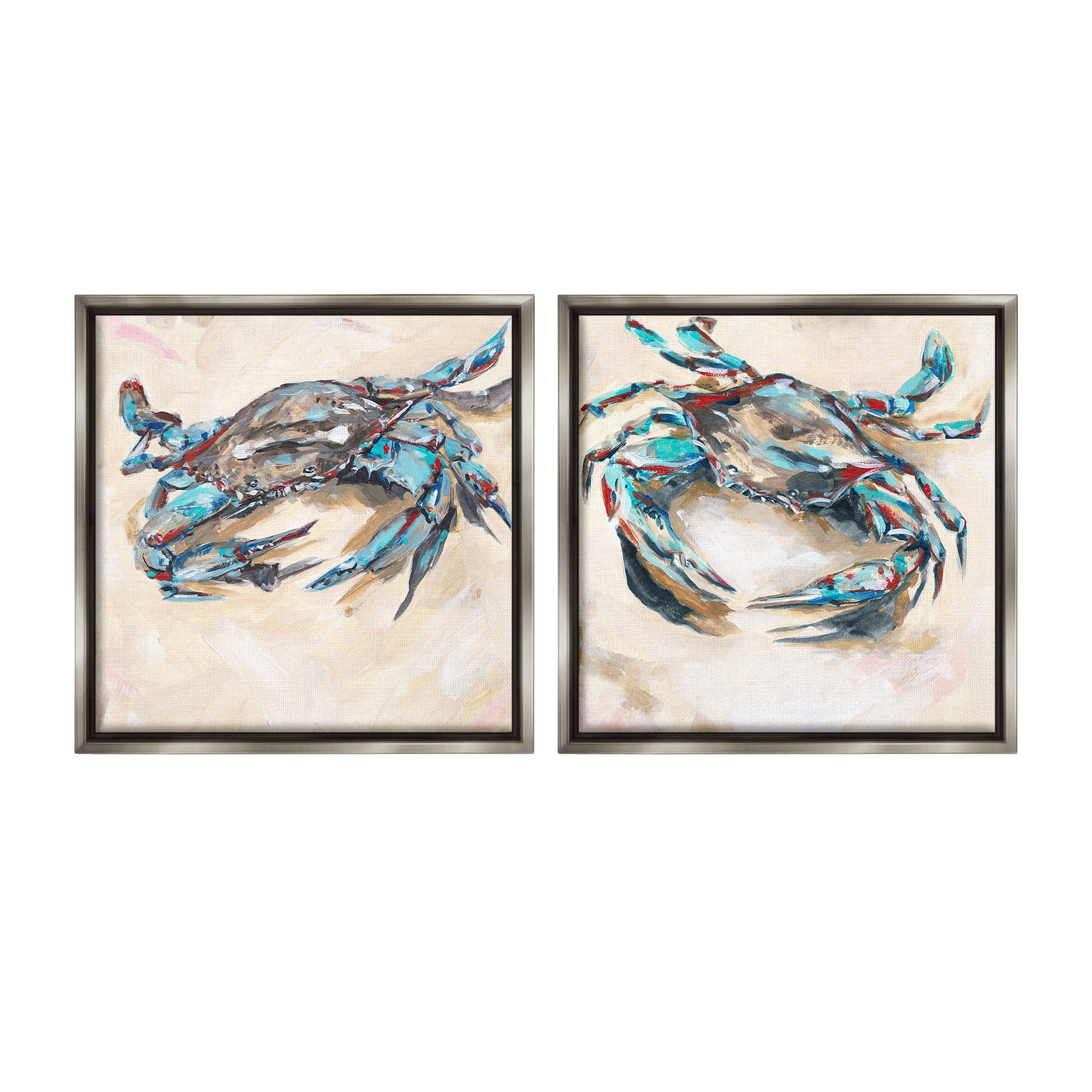 Stupell Industries Blue Crabs on Sand Animals & Insects Painting Gray Floater Framed Canvas Art Print Wall Art, 18 x 18, Set of 2