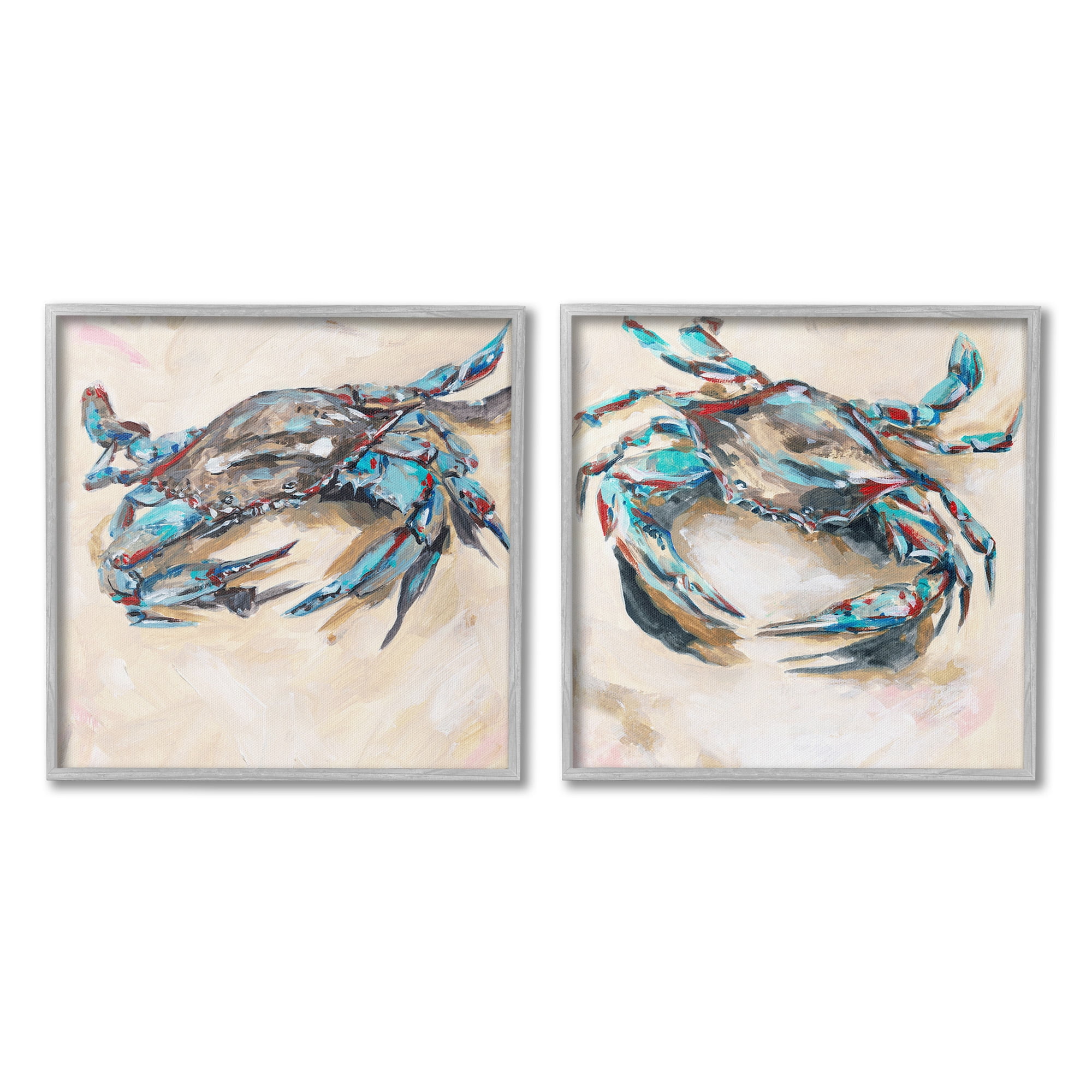 Stupell Industries Blue Crabs on Sand Animals & Insects Painting Gray Framed Art Print Wall Art, 17 x 17, Set of 2