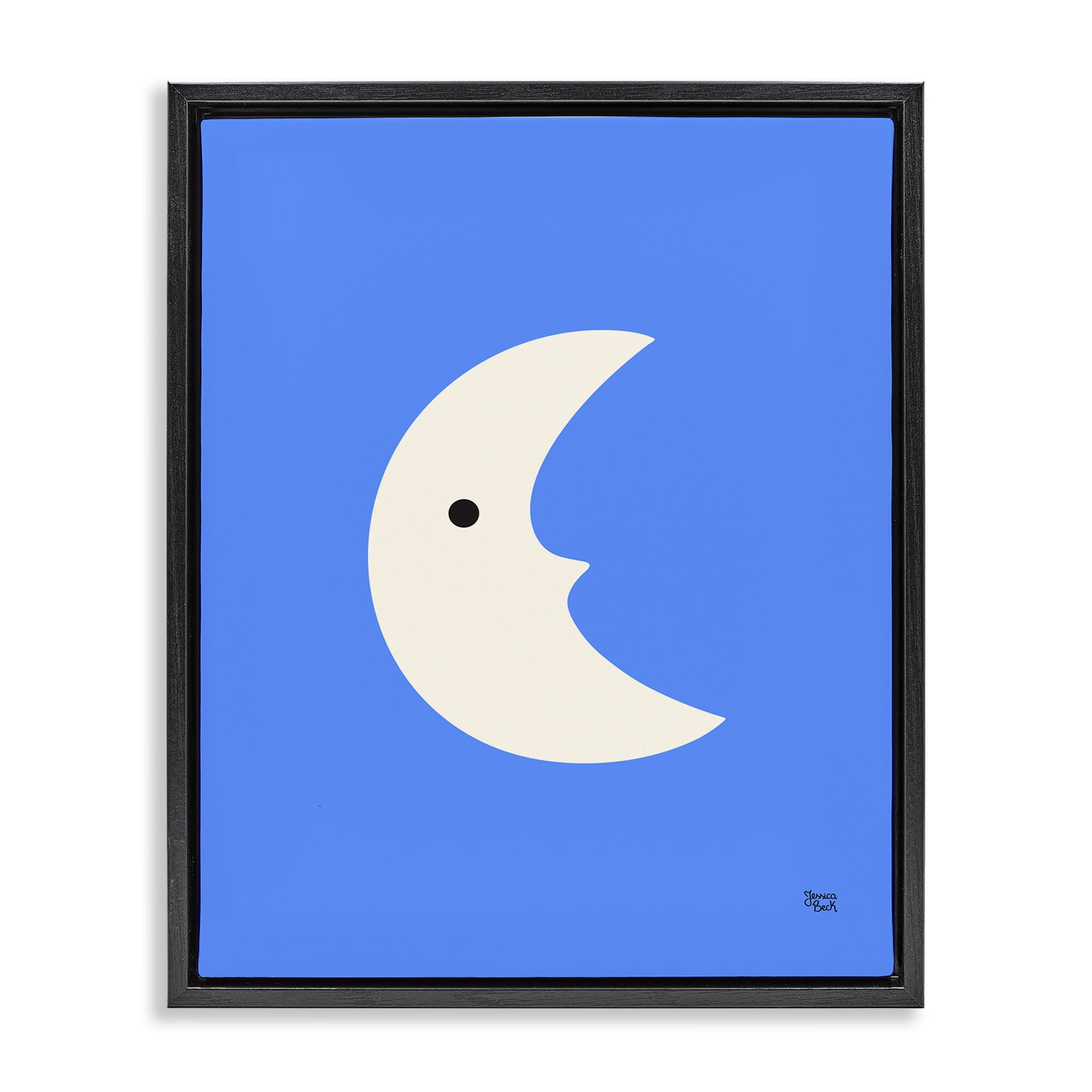 Stupell Industries Blue Crescent Moon Face Landscape & Nature Painting Black Floater Framed Canvas Art Print Wall Art, 17 x 21