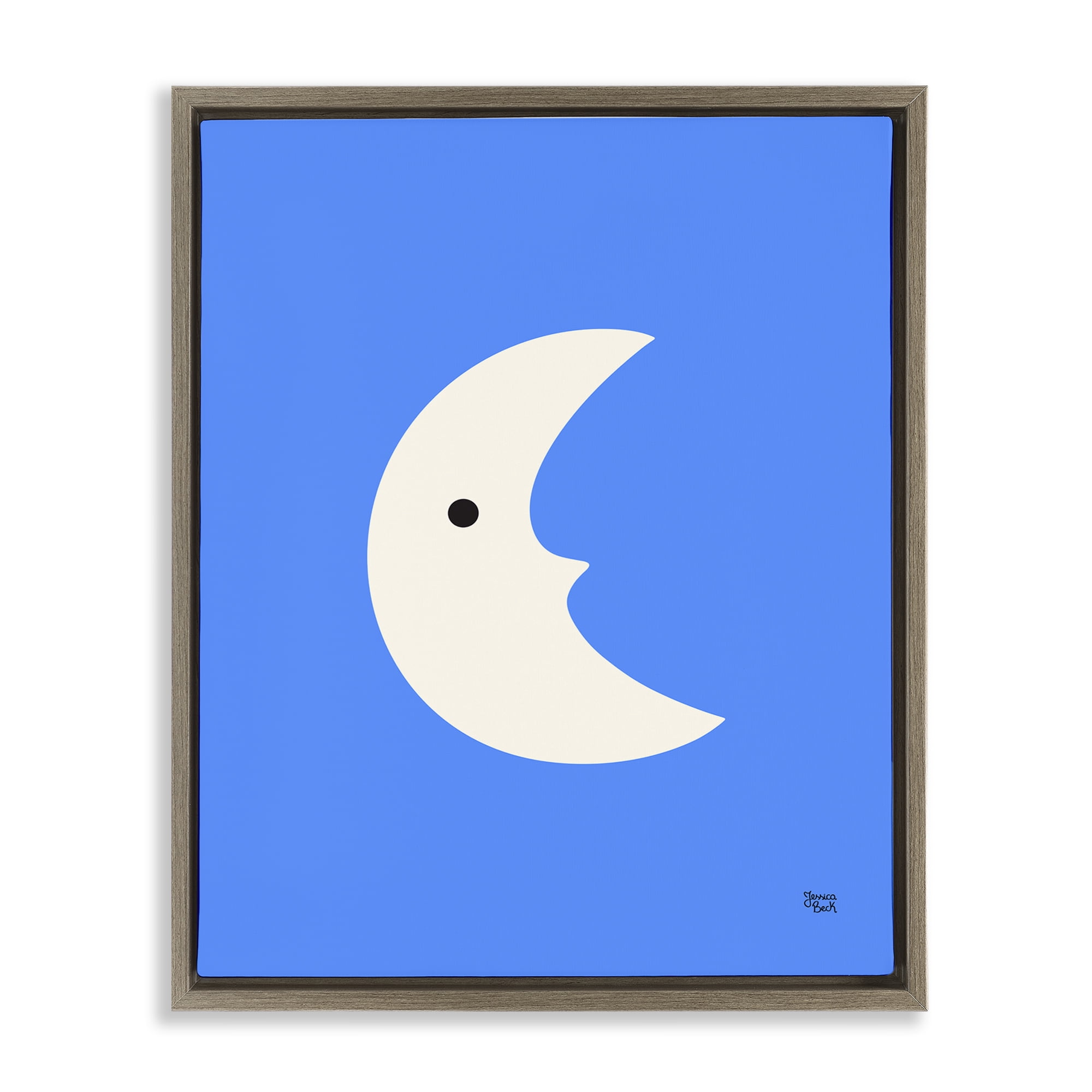 Stupell Industries Blue Crescent Moon Face Landscape & Nature Painting Brown Floater Framed Canvas Art Print Wall Art, 17 x 21