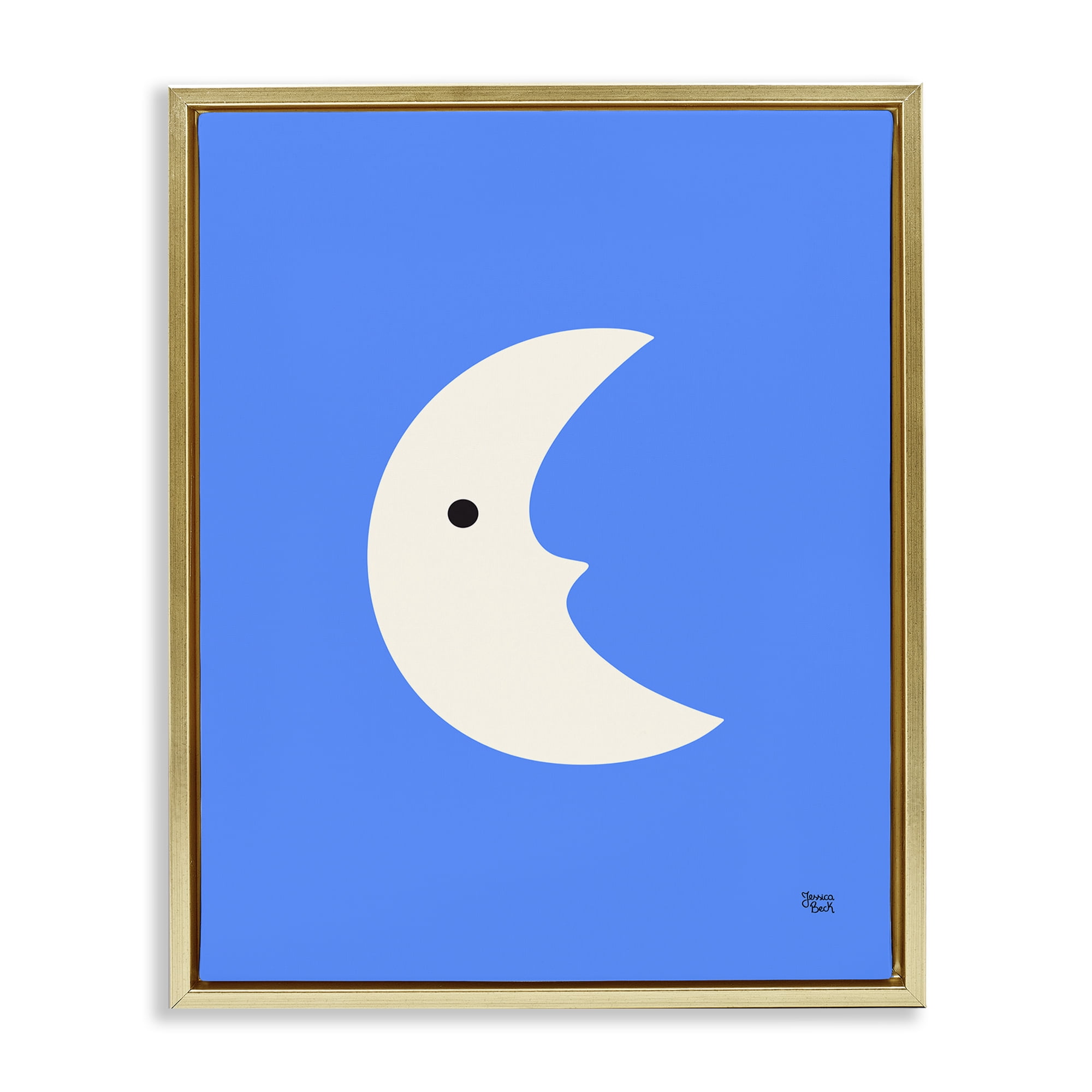 Stupell Industries Blue Crescent Moon Face Landscape & Nature Painting Gold Floater Framed Canvas Art Print Wall Art, 17 x 21