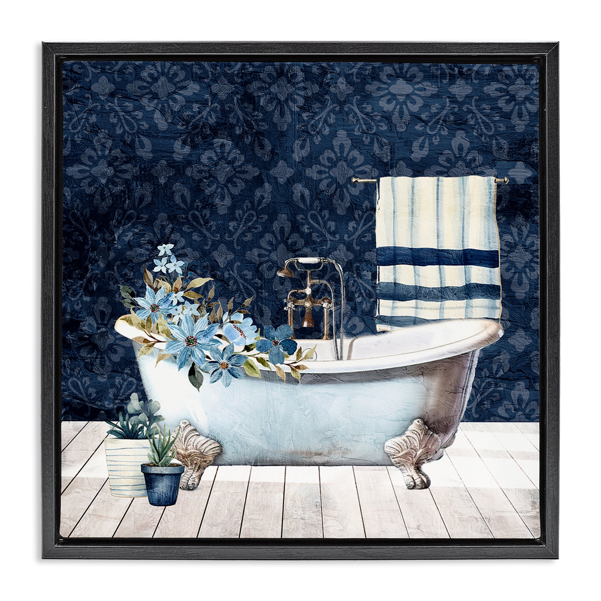 Stupell Industries Blue Damask Bathroom Bath & Laundry Painting Black Floater Framed Canvas Art Print Wall Art, 25 x 25