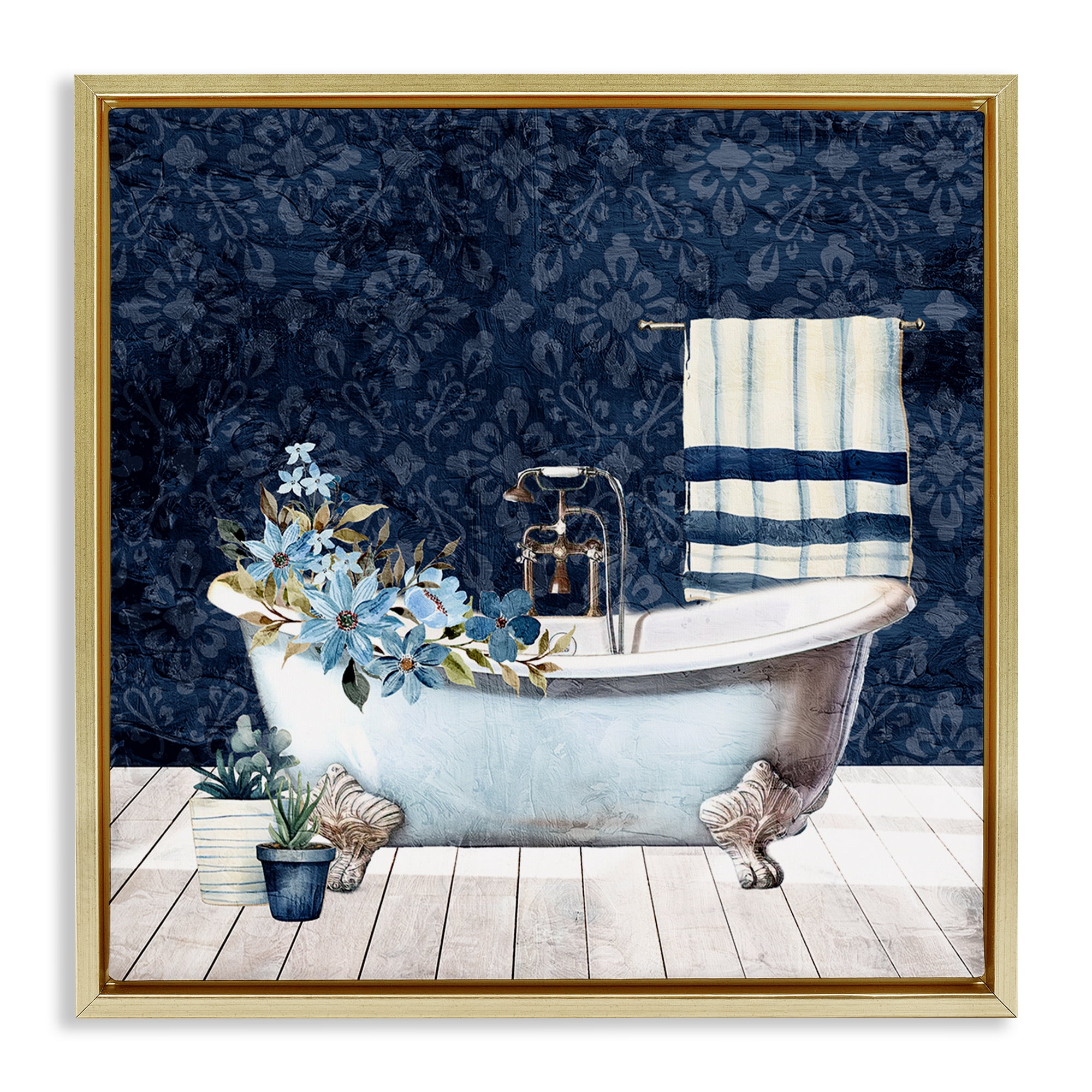 Stupell Industries Blue Damask Bathroom Bath & Laundry Painting Gold Floater Framed Canvas Art Print Wall Art, 18 x 18