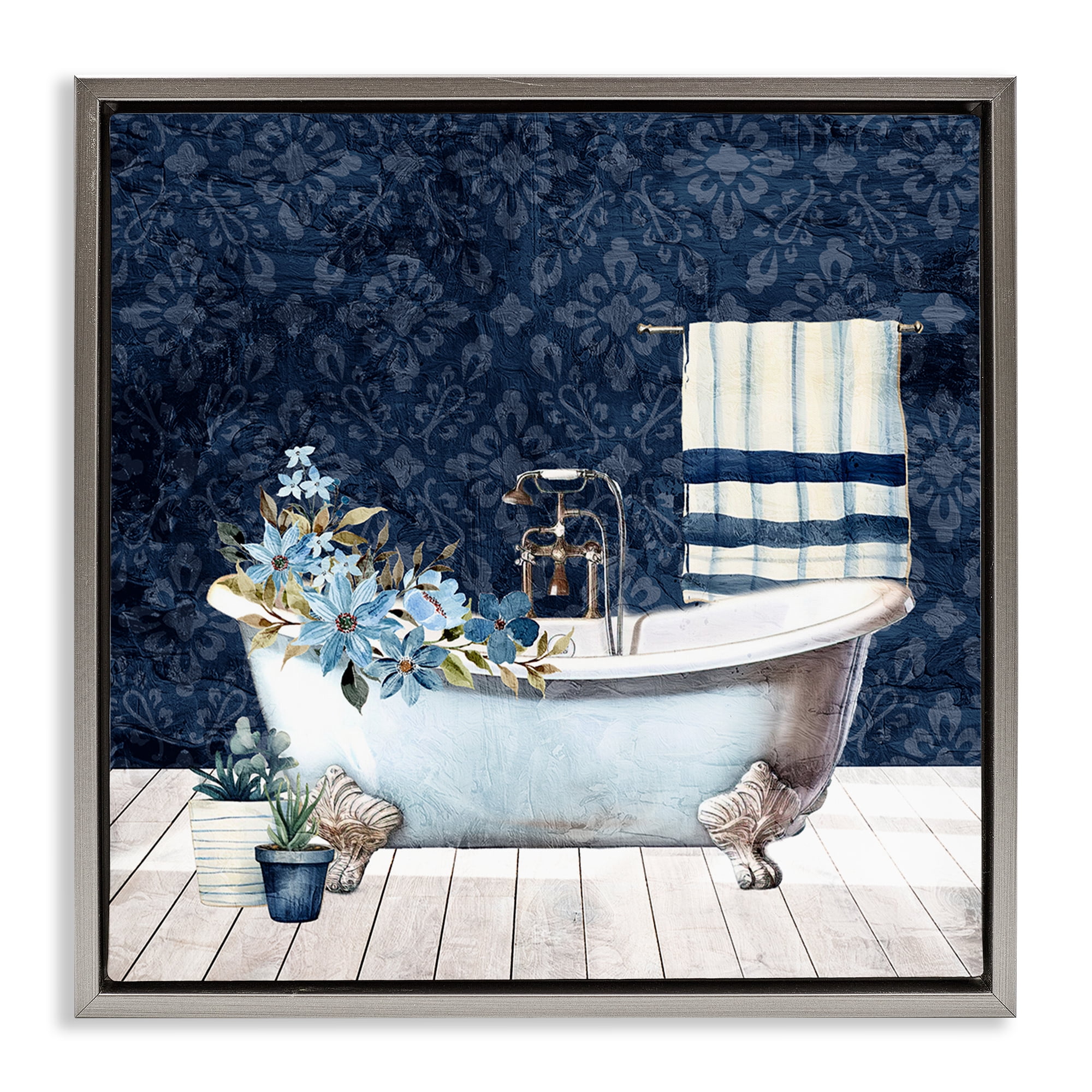 Stupell Industries Blue Damask Bathroom Bath & Laundry Painting Gray Floater Framed Canvas Art Print Wall Art, 18 x 18