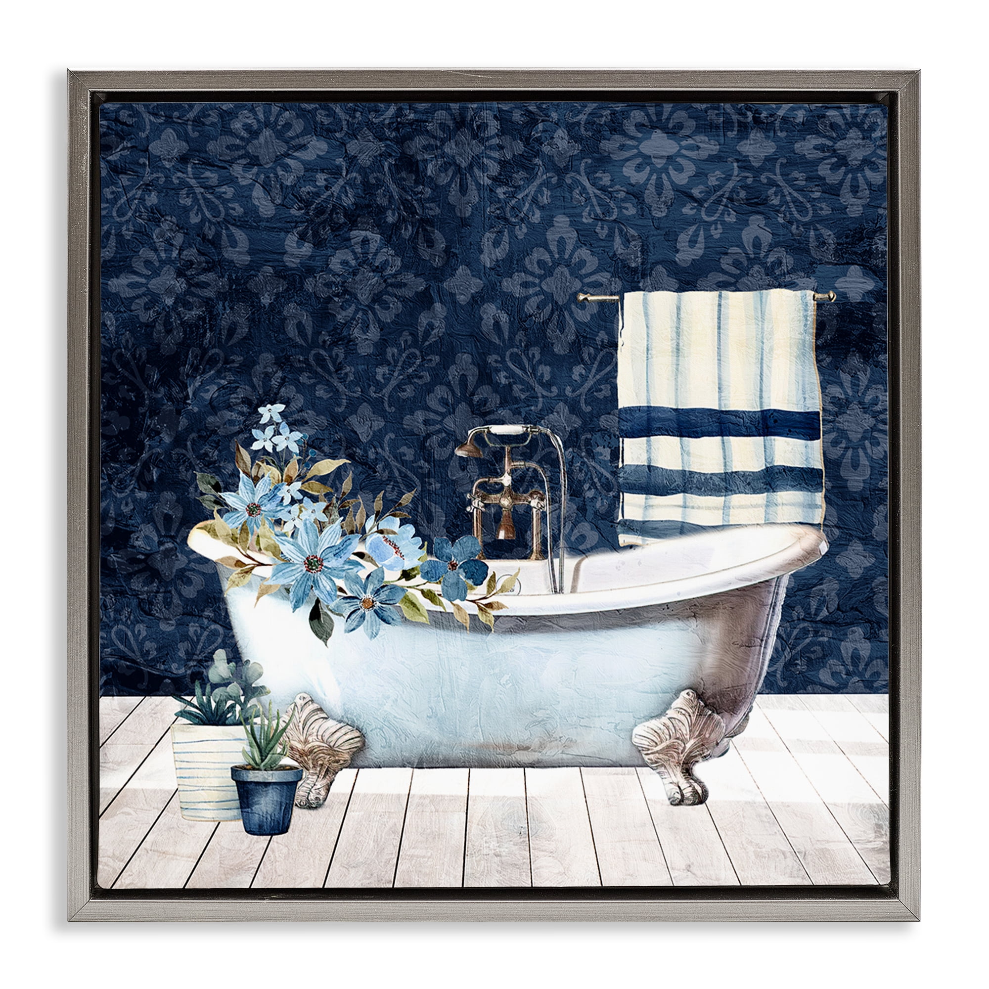 Stupell Industries Blue Damask Bathroom Bath & Laundry Painting Gray Floater Framed Canvas Art Print Wall Art, 25 x 25