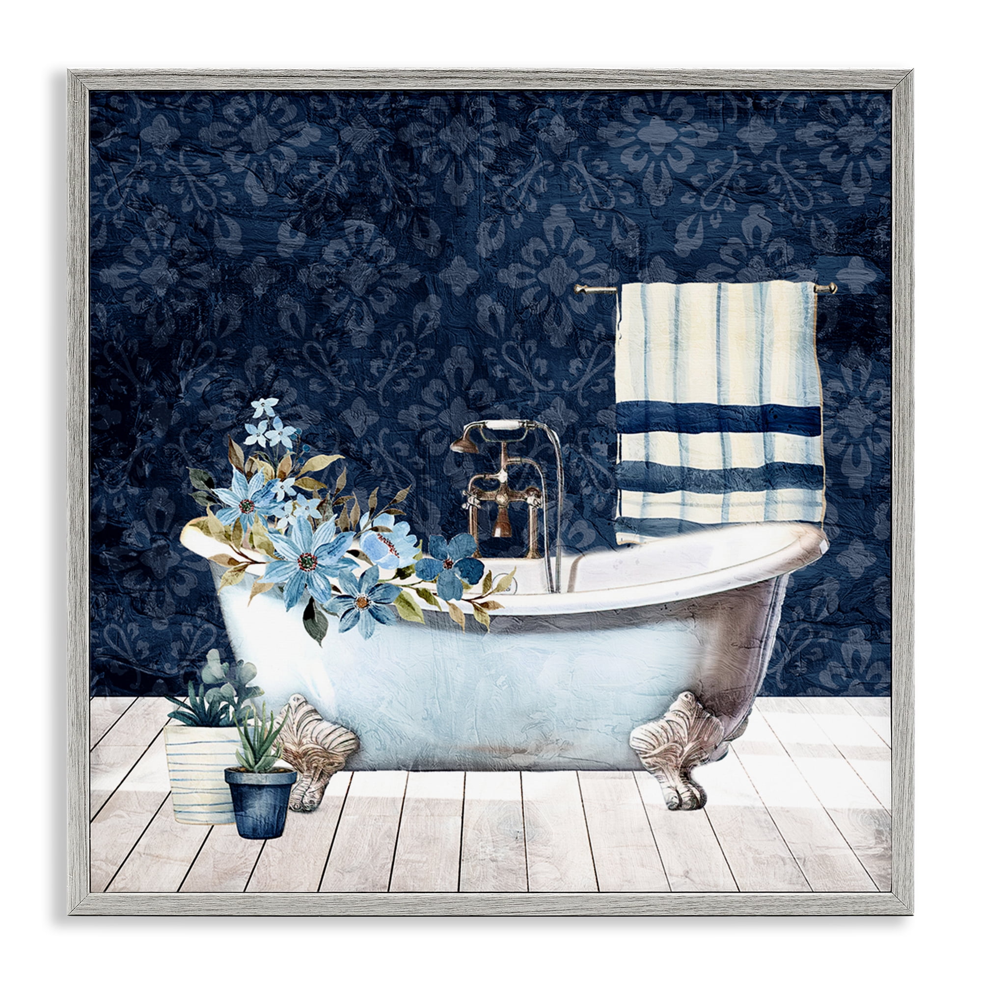 Stupell Industries Blue Damask Bathroom Bath & Laundry Painting Gray Framed Art Print Wall Art, 17 x 17