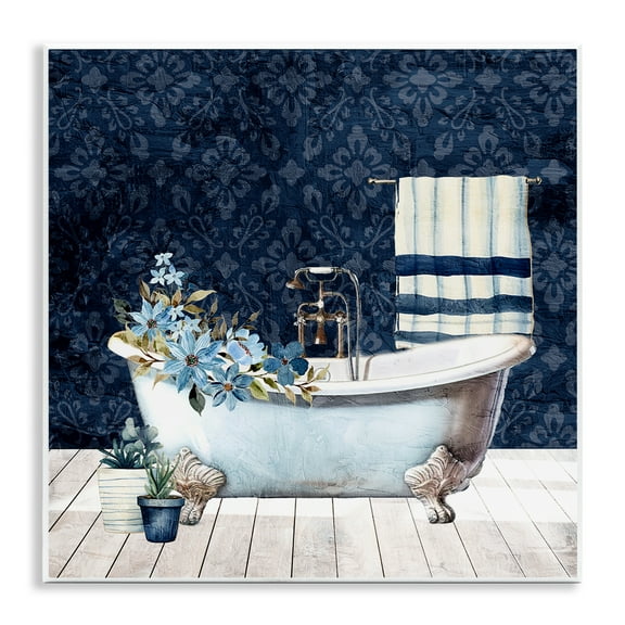 Stupell Industries Blue Damask Bathroom Bath & Laundry Painting Unframed Art Print Wall Art, 12 x 12