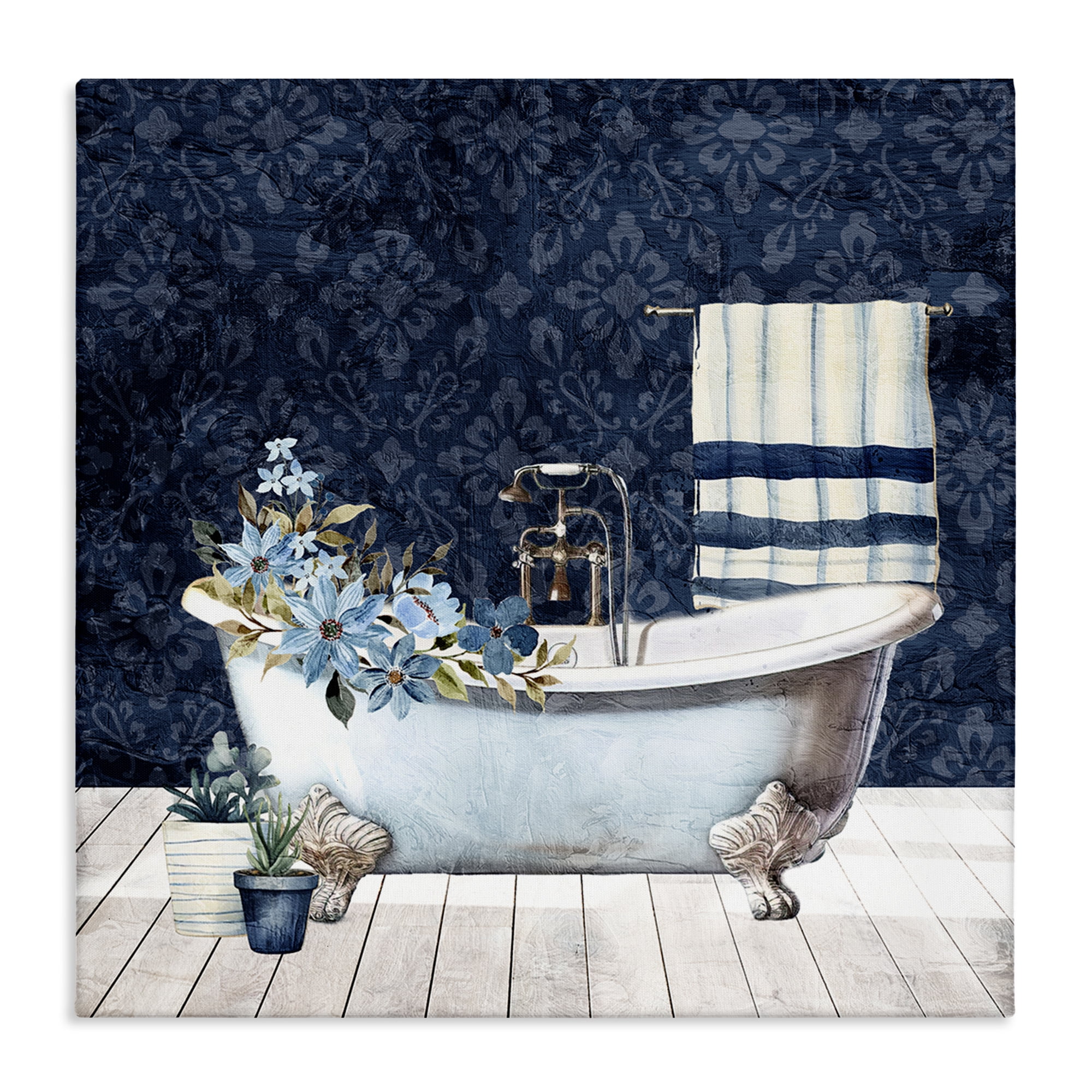 Stupell Industries Blue Damask Bathroom Bath & Laundry Painting Wrapped Canvas Art Print Wall Art, 30 x 30