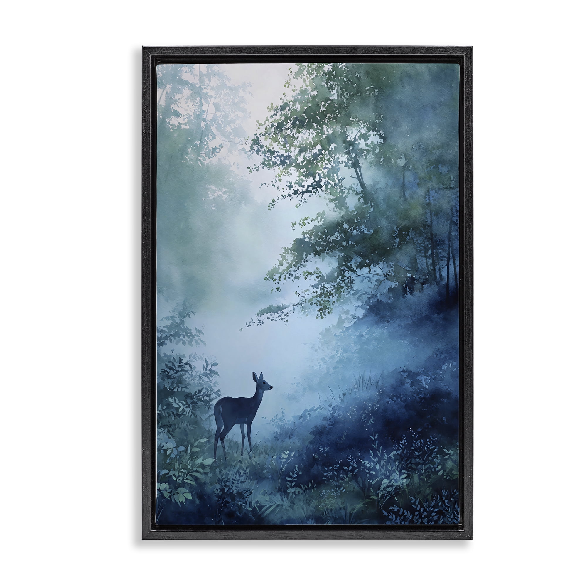 Stupell Industries Blue Dawn Deer in Mist Black Framed Floater Canvas Wall Art, design by Franklyn Gregory