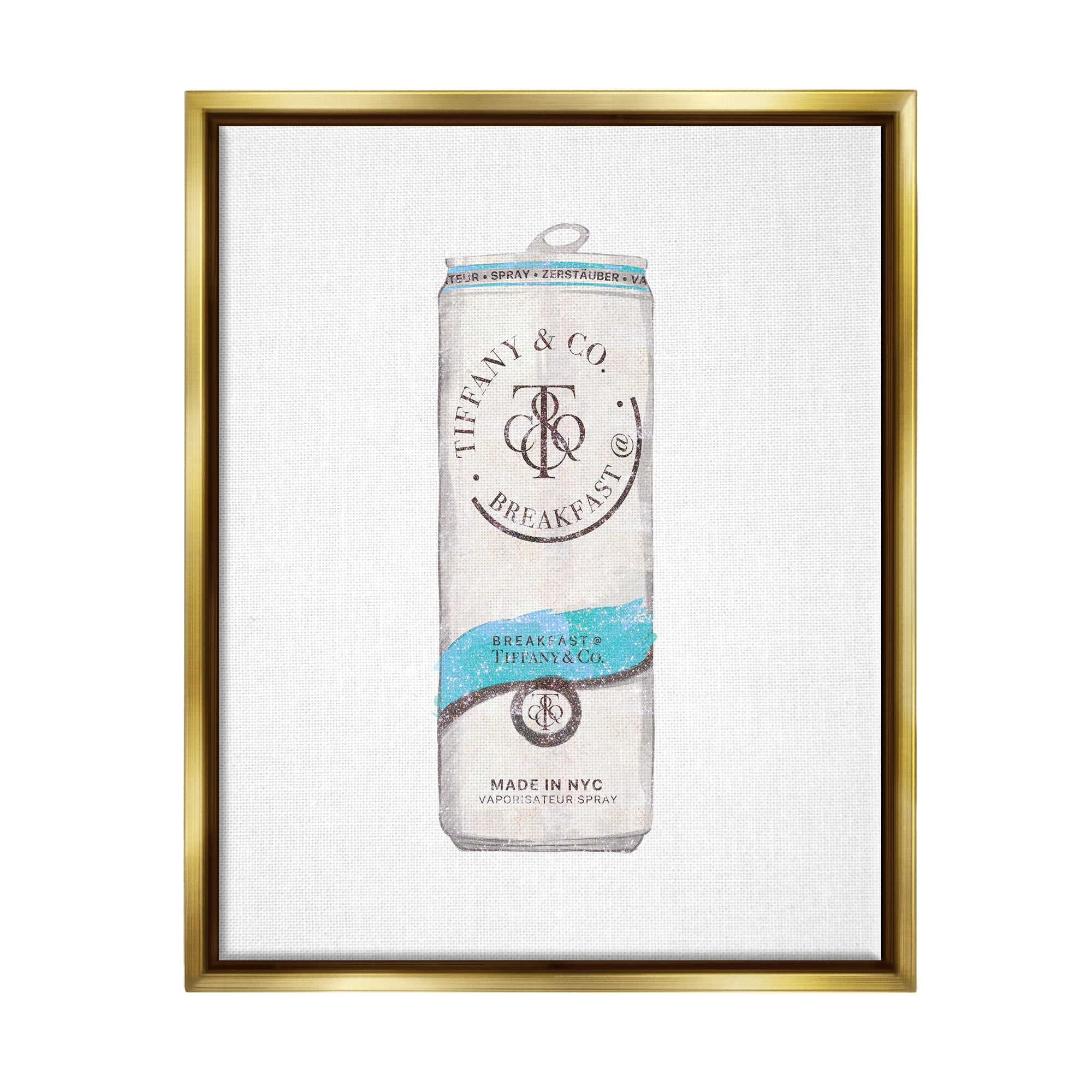 Stupell Industries Blue Designer Fashion Emblem Beverage Can Illustration Metallic Gold Framed Floating Canvas Wall Art, 16x20, by Ziwei Li