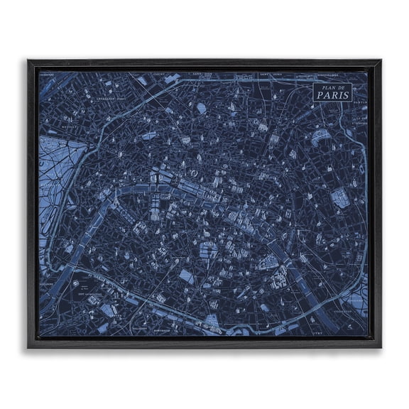 Stupell Industries Blue Detailed Paris Map Map Painting Black Floater Framed Canvas Art Print Wall Art, 21 x 17