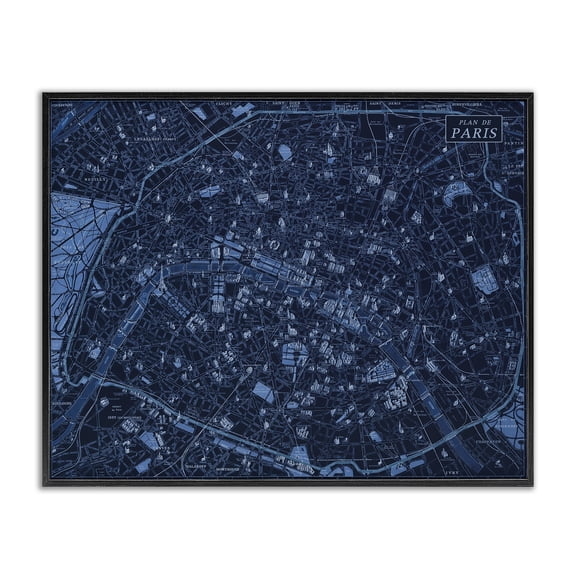 Stupell Industries Blue Detailed Paris Map Map Painting Black Framed Art Print Wall Art, 30 x 24