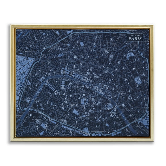 Stupell Industries Blue Detailed Paris Map Map Painting Gold Floater Framed Canvas Art Print Wall Art, 21 x 17