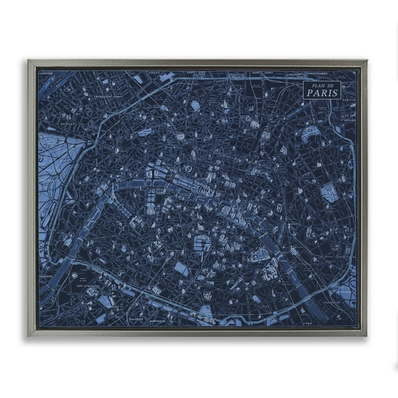 Stupell Industries Blue Detailed Paris Map Map Painting Gray Floater Framed Canvas Art Print Wall Art, 25 x 31