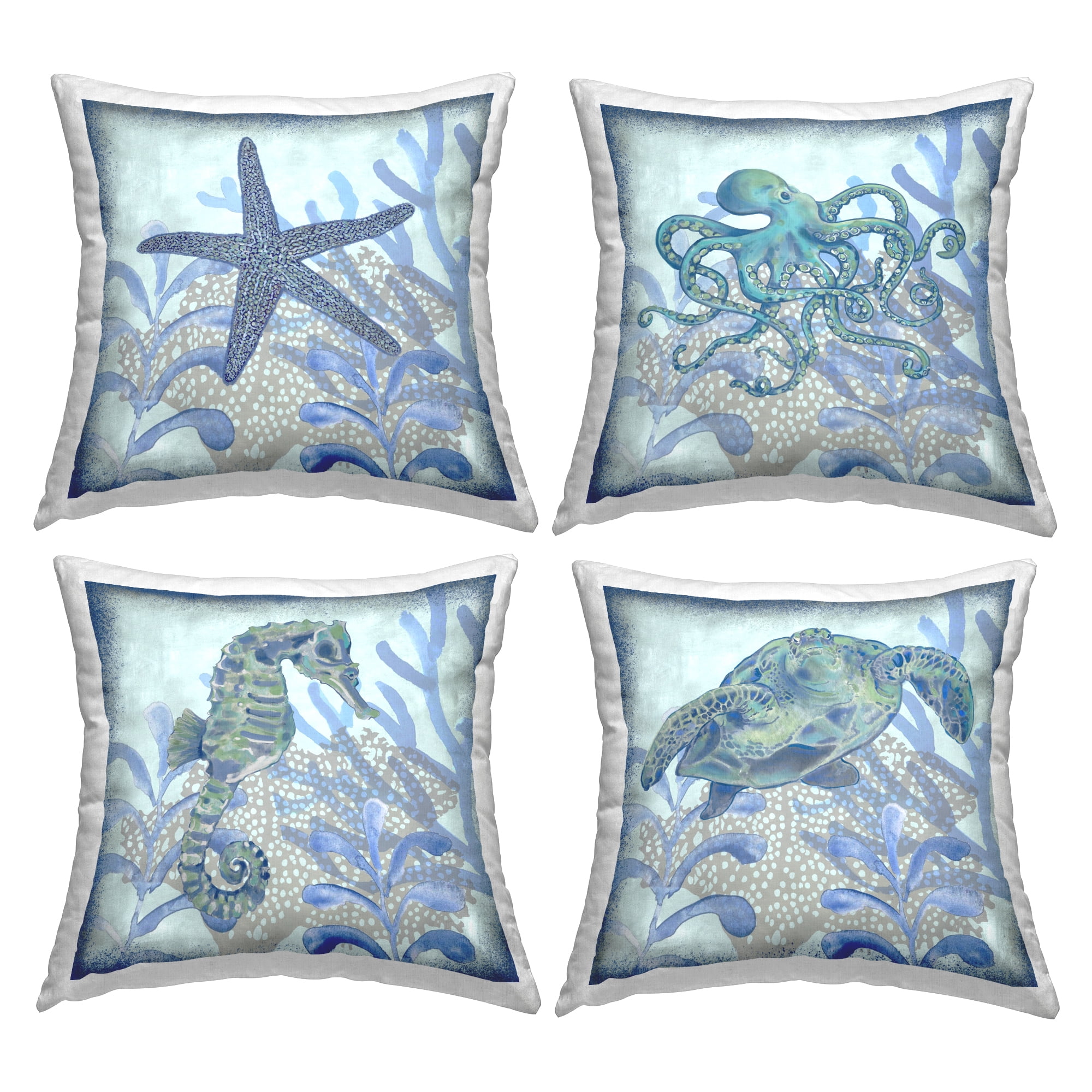 Stupell Industries Blue Detailed Sea Life Underwater Printed Throw Pillow Design by Erica Christopher (Set of 4)