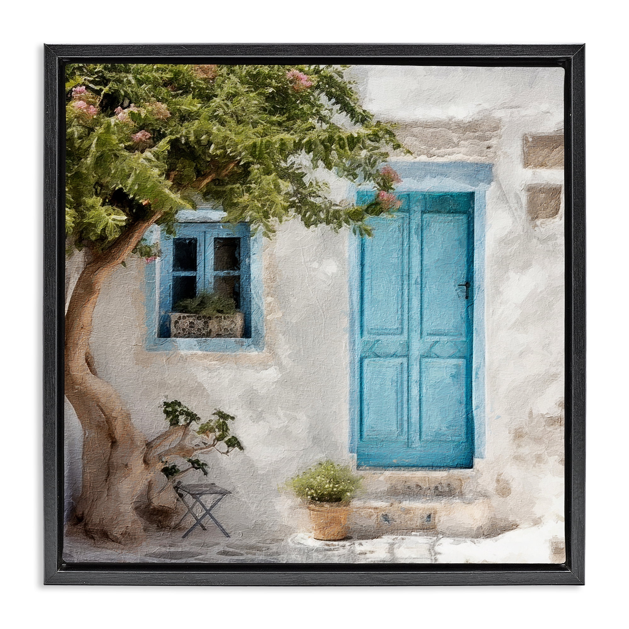 Stupell Industries Blue Door & Tree Town & City Painting Black Floater Framed Canvas Art Print Wall Art, 25 x 25