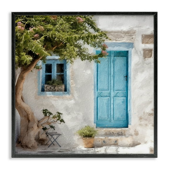Stupell Industries Blue Door & Tree Town & City Painting Black Framed Art Print Wall Art, 12 x 12