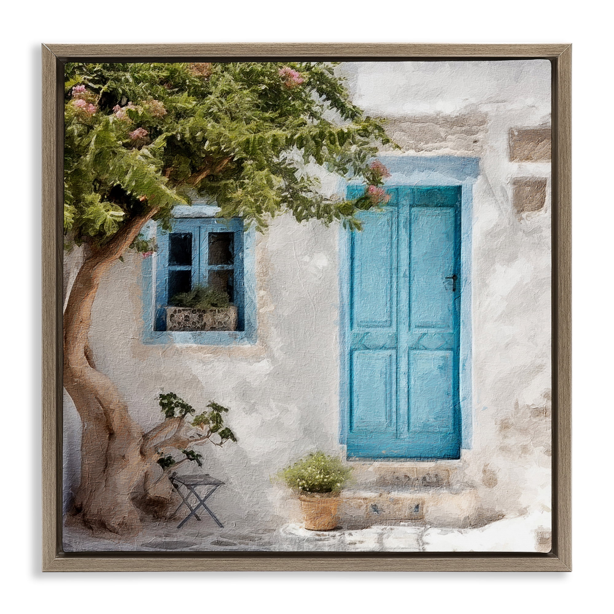 Stupell Industries Blue Door & Tree Town & City Painting Brown Floater Framed Canvas Art Print Wall Art, 25 x 25