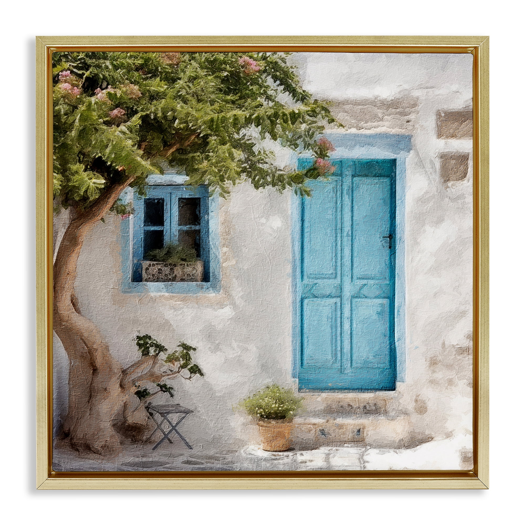 Stupell Industries Blue Door & Tree Town & City Painting Gold Floater Framed Canvas Art Print Wall Art, 25 x 25