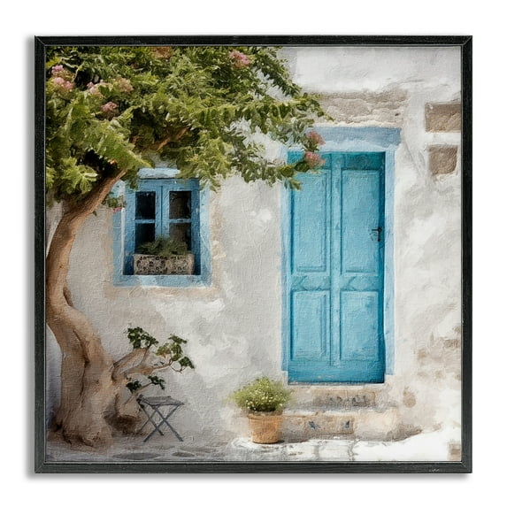 Stupell Industries Blue Door & Tree Town & City Painting Gray Framed Art Print Wall Art, 24 x 24