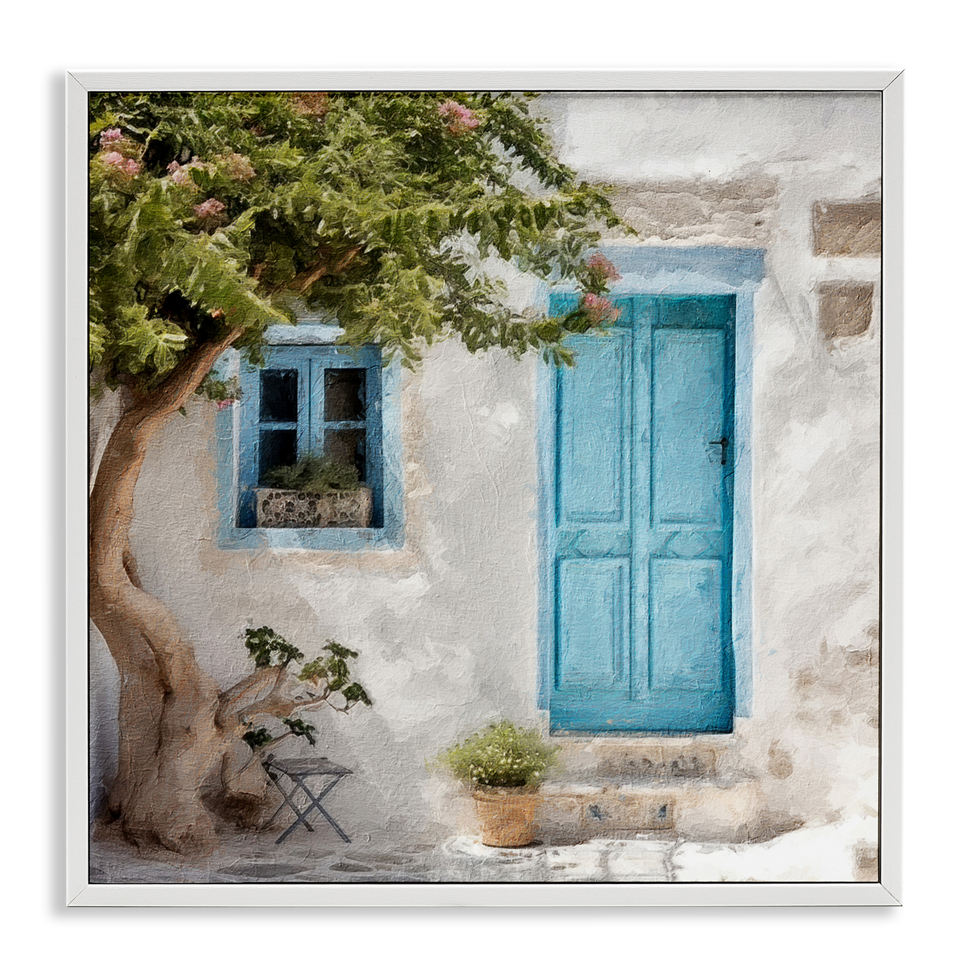 Stupell Industries Blue Door & Tree Town & City Painting White Framed Art Print Wall Art, 12 x 12