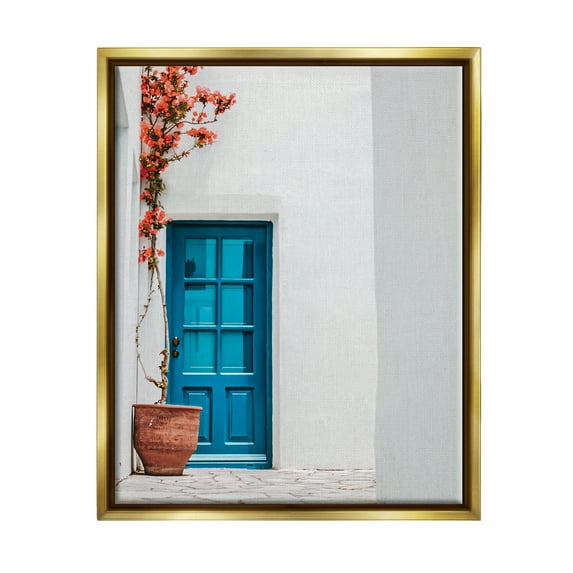 Stupell Industries Blue Door in Greece Travel & Places Photography Gold Floater Framed Art Print Wall Art, 25 x 31