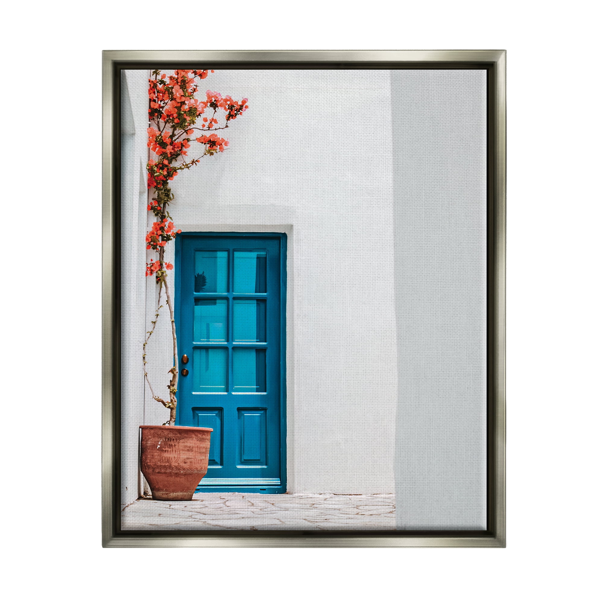Stupell Industries Blue Door in Greece Travel & Places Photography Gray Floater Framed Art Print Wall Art, 17 x 21