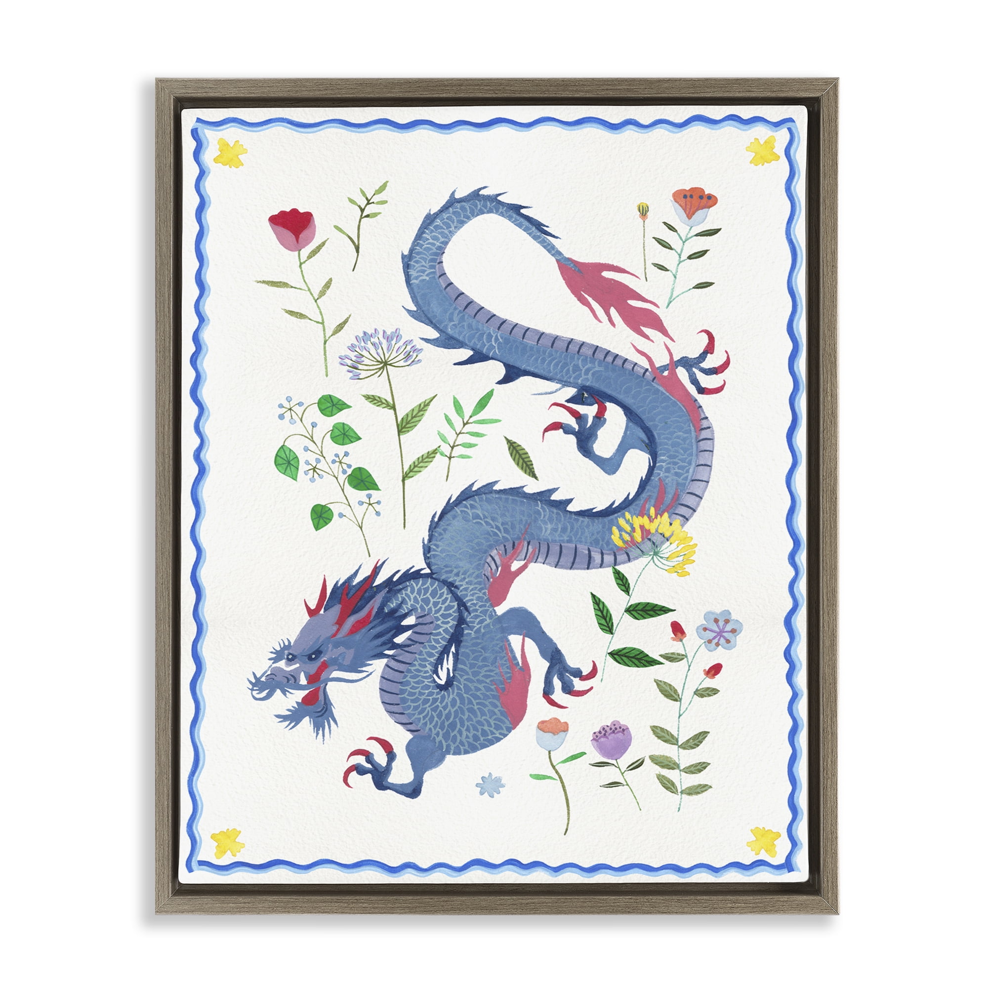Stupell Industries Blue Dragon & Botanicals Fantasy & Sci-Fi Painting Brown Floater Framed Canvas Art Print Wall Art, 25 x 31