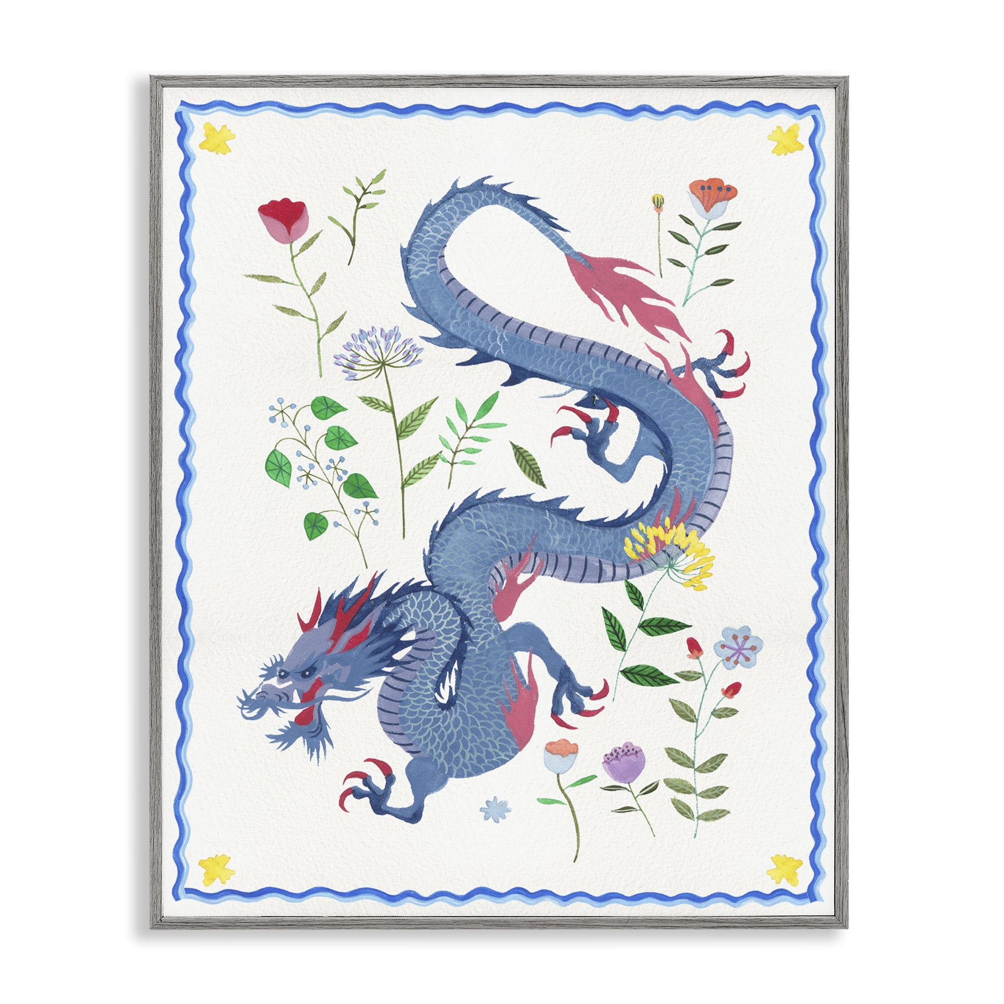 Stupell Industries Blue Dragon & Botanicals Fantasy & Sci-Fi Painting Gray Framed Art Print Wall Art, 16 x 20