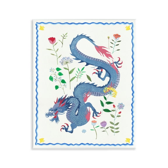 Stupell Industries Blue Dragon & Botanicals Fantasy & Sci-Fi Painting Unframed Art Print Wall Art, 11 x 14