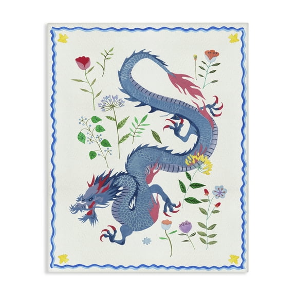 Stupell Industries Blue Dragon & Botanicals Fantasy & Sci-Fi Painting Wrapped Canvas Art Print Wall Art, 16 x 20