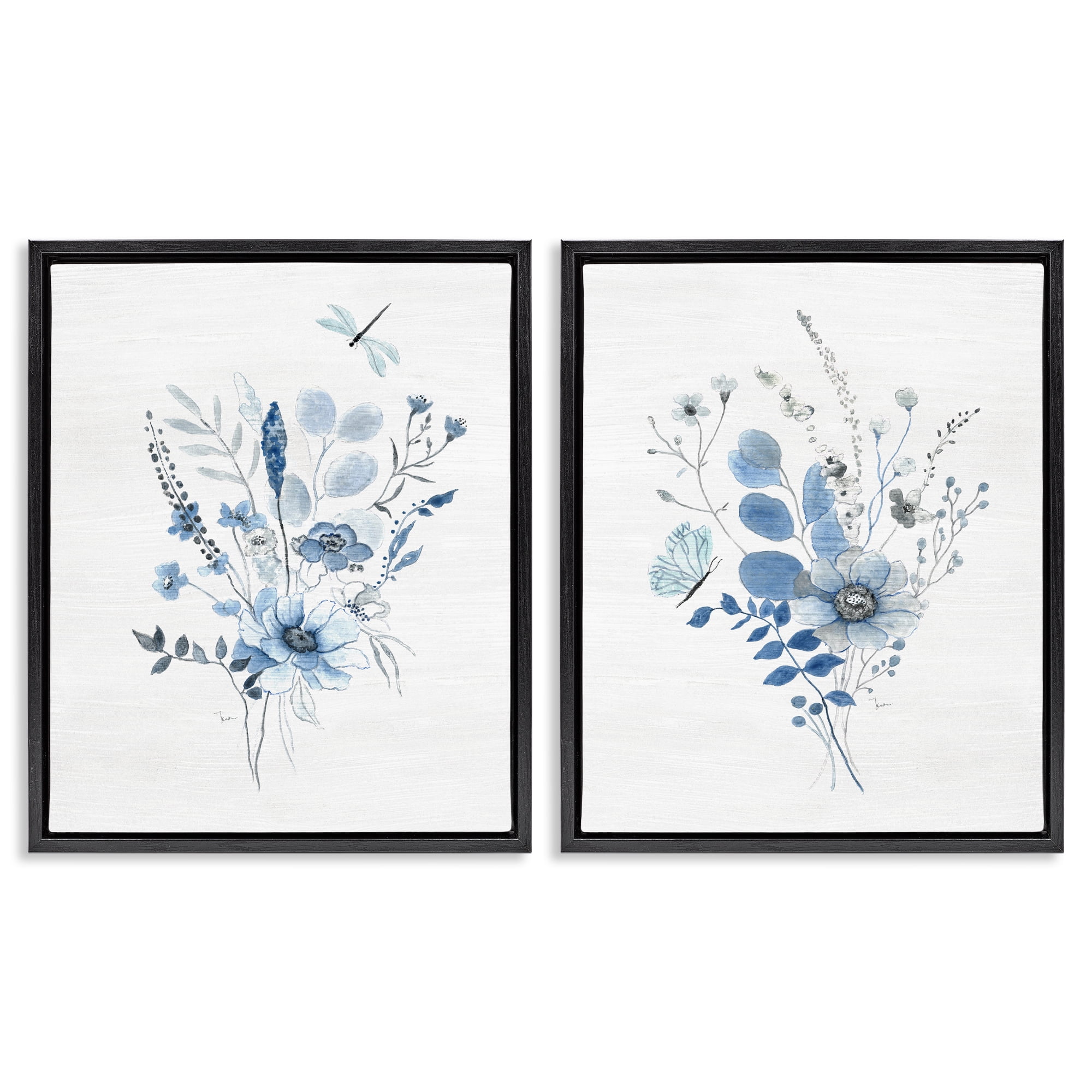 Stupell Industries Blue Dragonfly Flower Plants & Flowers Painting Black Floater Framed Canvas Art Print Wall Art, 31 x 25, Set of 2