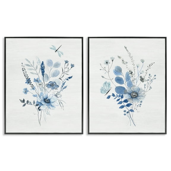Stupell Industries Blue Dragonfly Flower Plants & Flowers Painting Black Framed Art Print Wall Art, 11 x 14, Set of 2