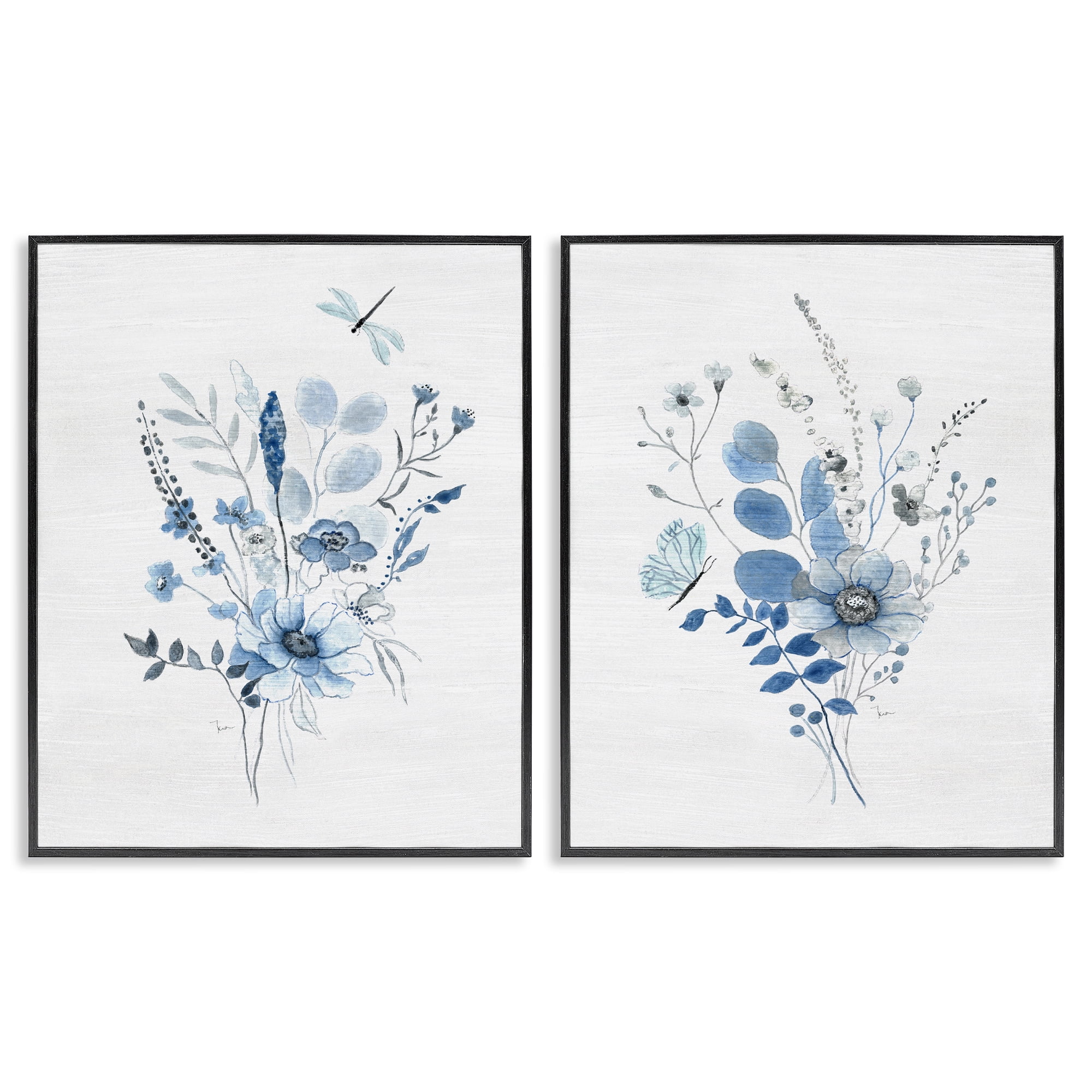 Stupell Industries Blue Dragonfly Flower Plants & Flowers Painting Black Framed Art Print Wall Art, 24 x 30, Set of 2