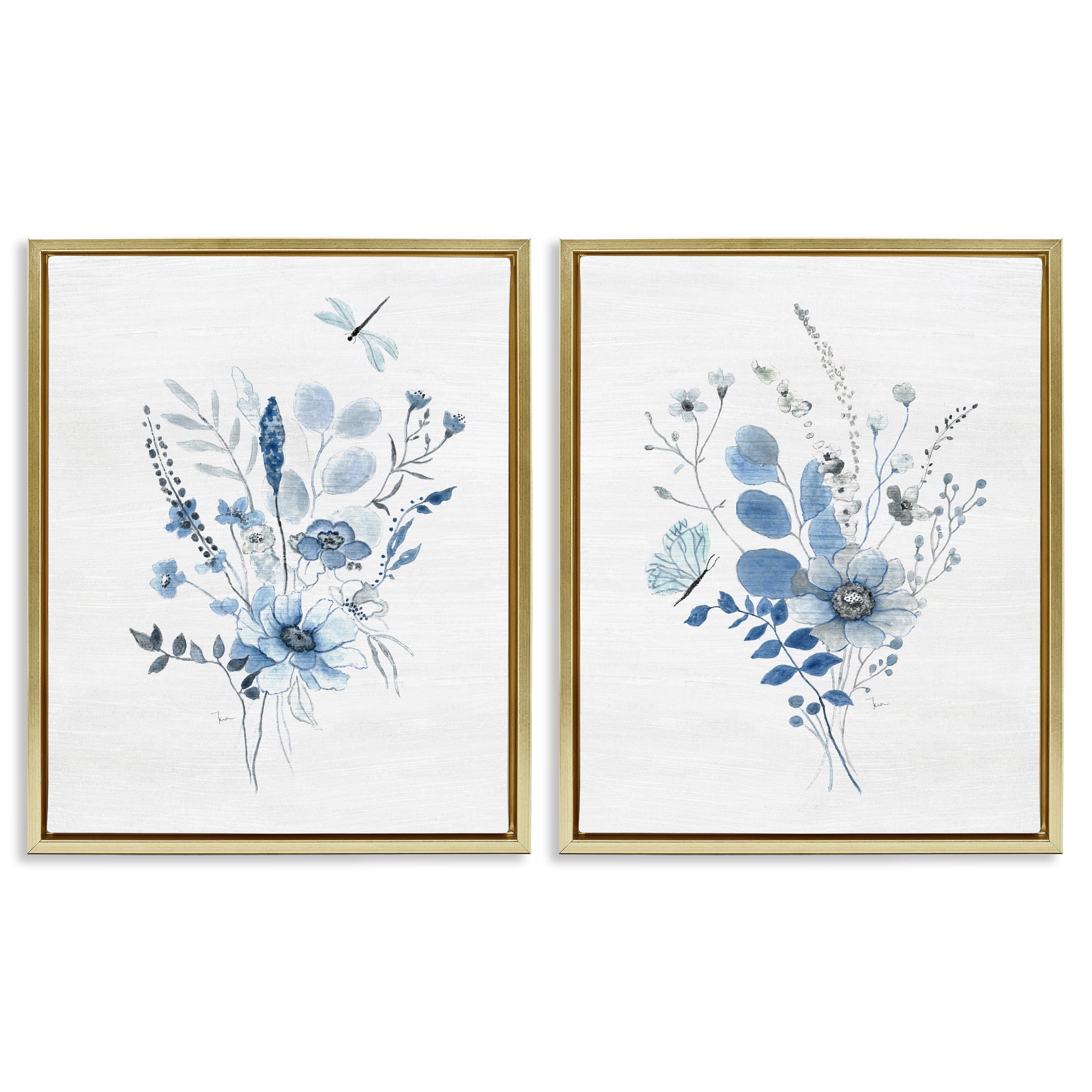 Stupell Industries Blue Dragonfly Flower Plants & Flowers Painting Gold Floater Framed Canvas Art Print Wall Art, 31 x 25, Set of 2