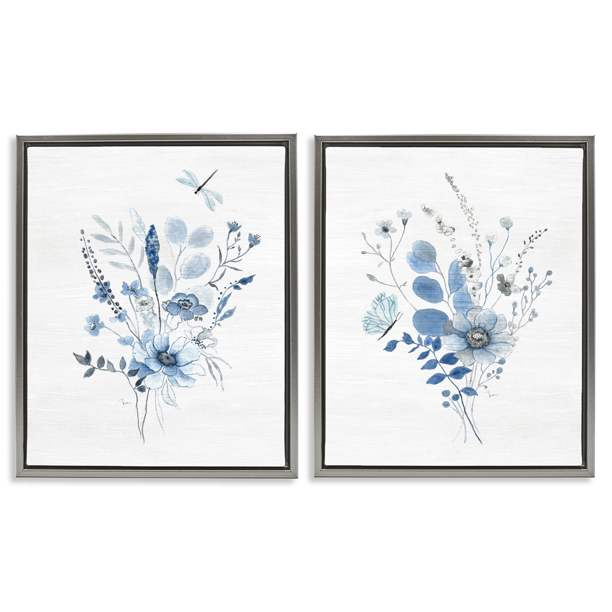 Stupell Industries Blue Dragonfly Flower Plants & Flowers Painting Gray Floater Framed Canvas Art Print Wall Art, 31 x 25, Set of 2