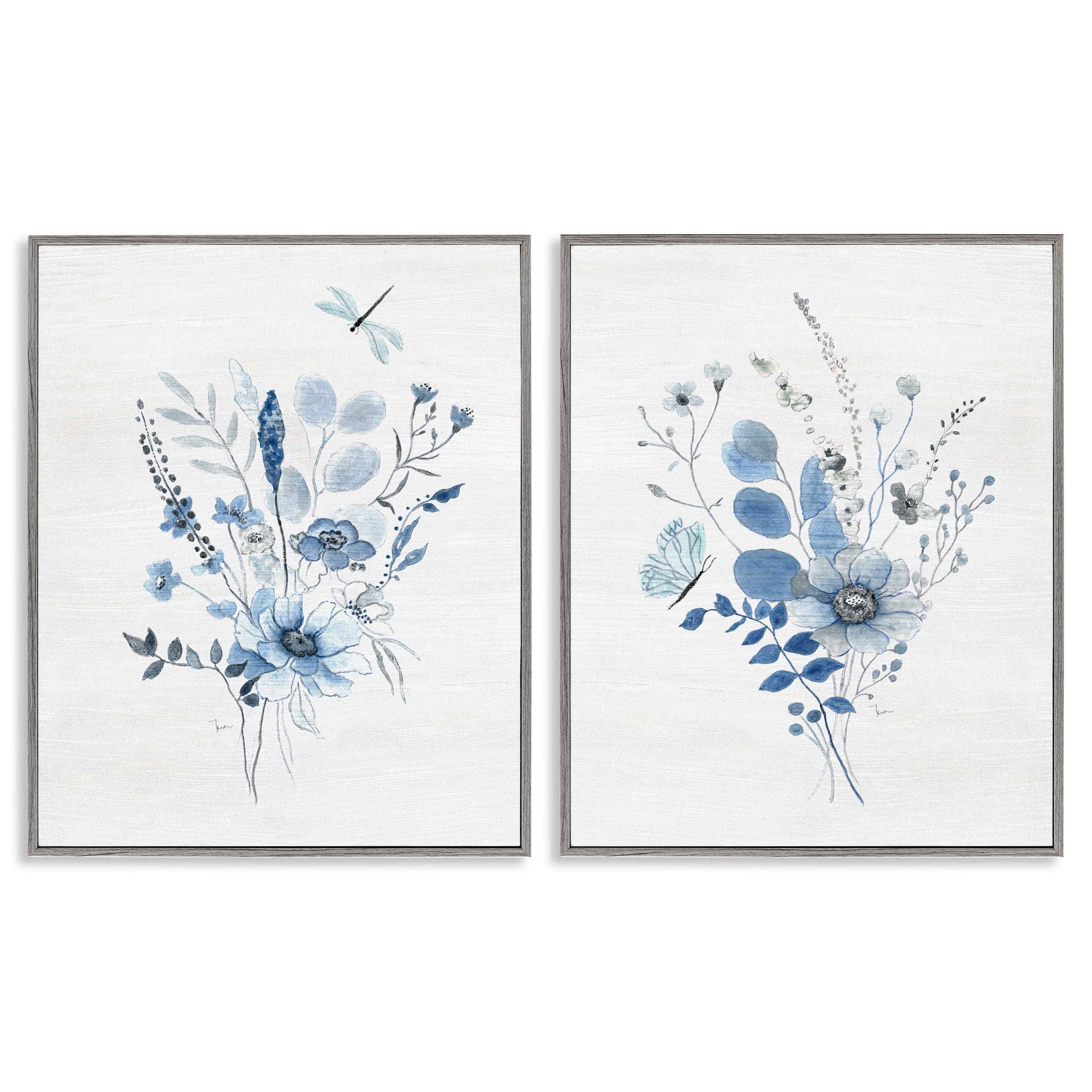 Stupell Industries Blue Dragonfly Flower Plants & Flowers Painting Gray Framed Art Print Wall Art, 11 x 14, Set of 2