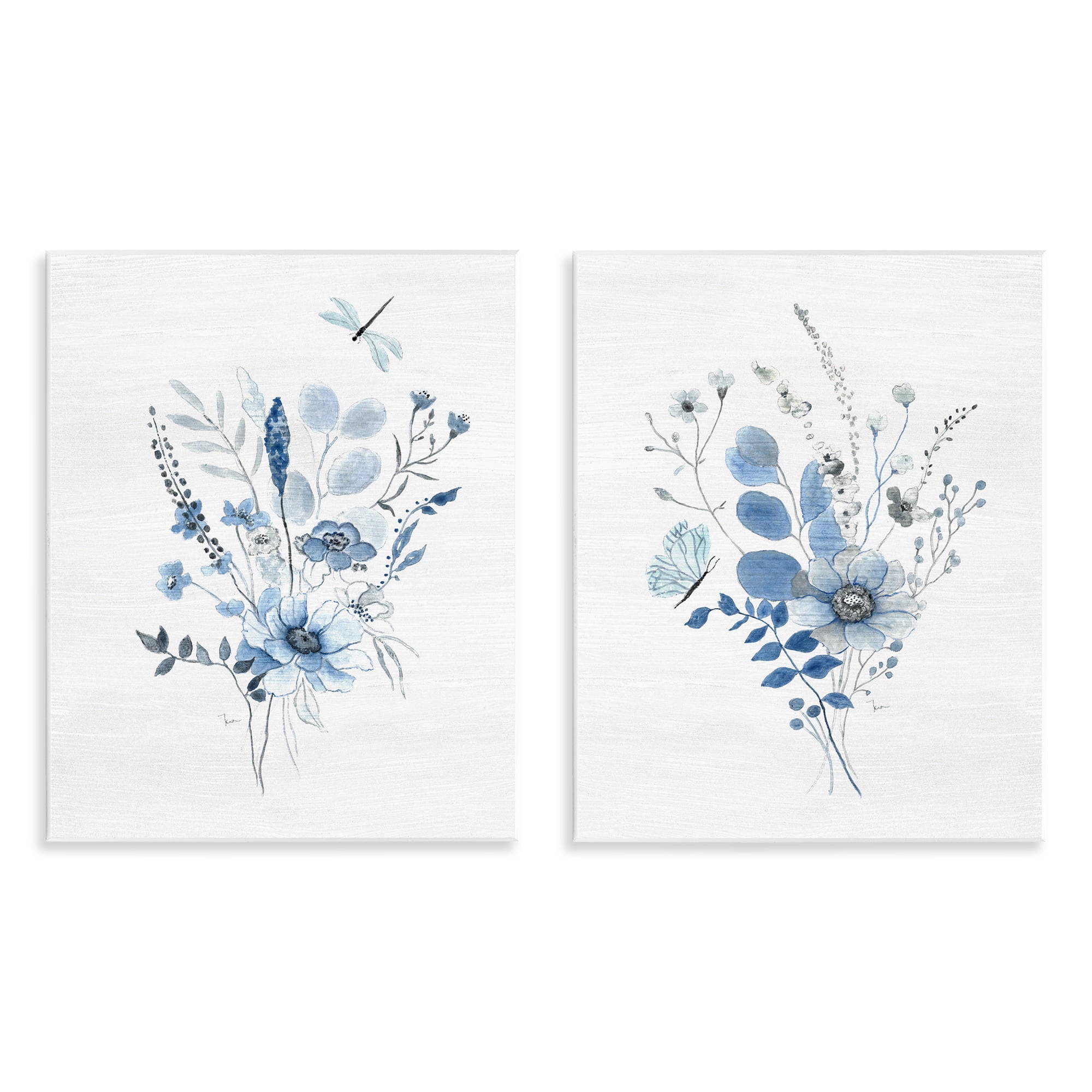 Stupell Industries Blue Dragonfly Flower Plants & Flowers Painting Unframed Art Print Wall Art, 11 x 14, Set of 2