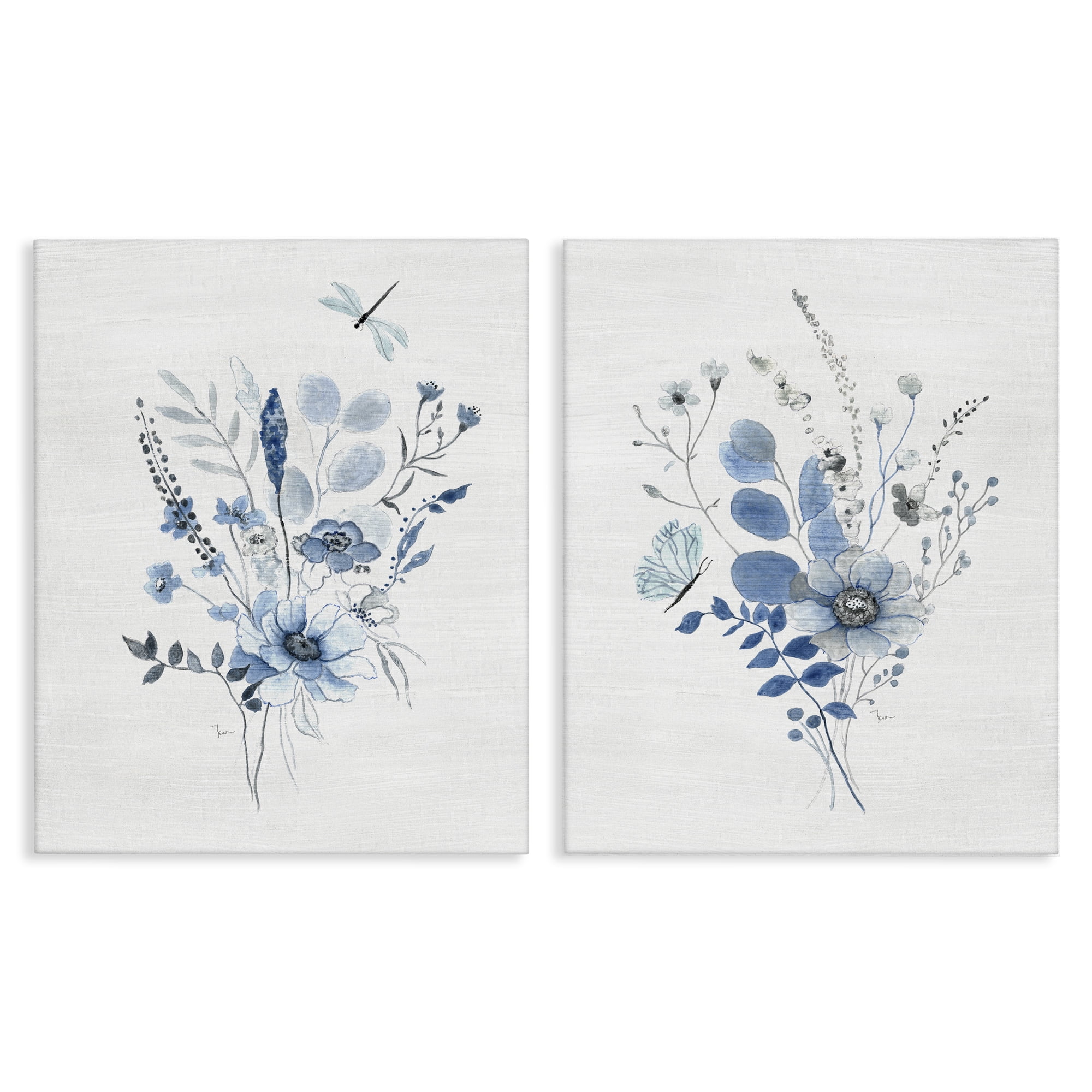 Stupell Industries Blue Dragonfly Flower Plants & Flowers Painting Wrapped Canvas Art Print Wall Art, 24 x 30, Set of 2